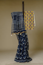 Indigo Kota Doria Saree with Light Yellow Blouse