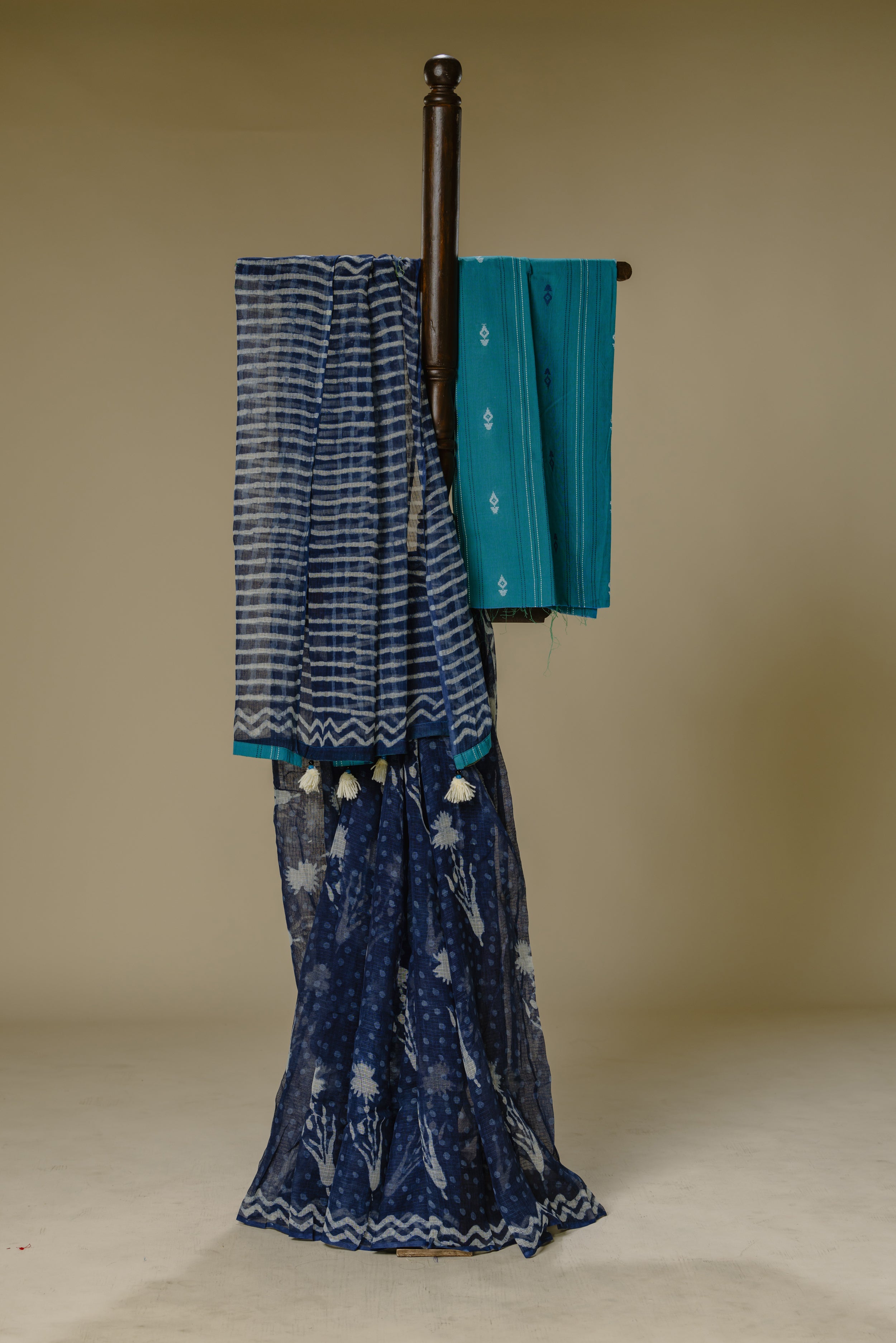 Indigo Kota Doria Saree with Teal Blouse