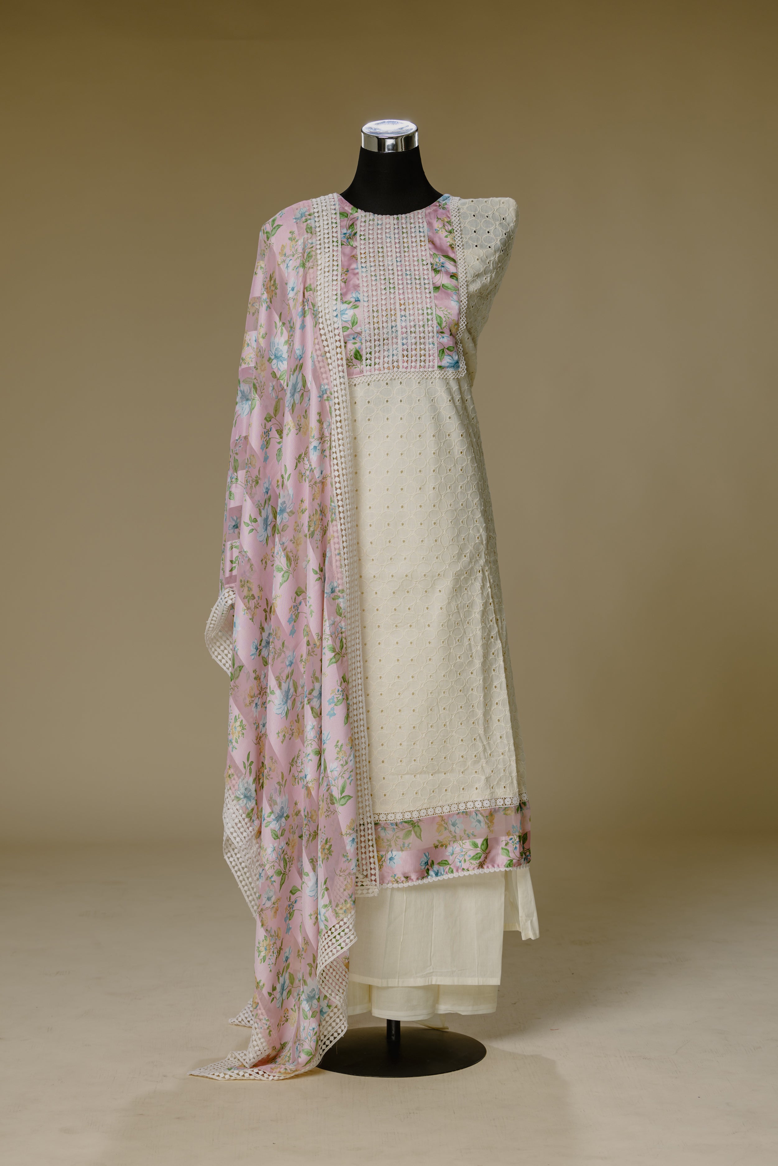 Beige Shifli Suit Set with Pink Dupatta
