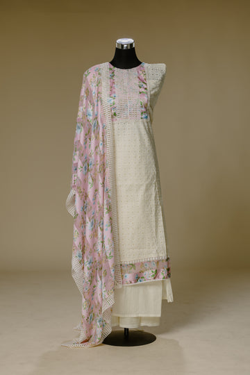Beige Shifli Suit Set with Pink Dupatta
