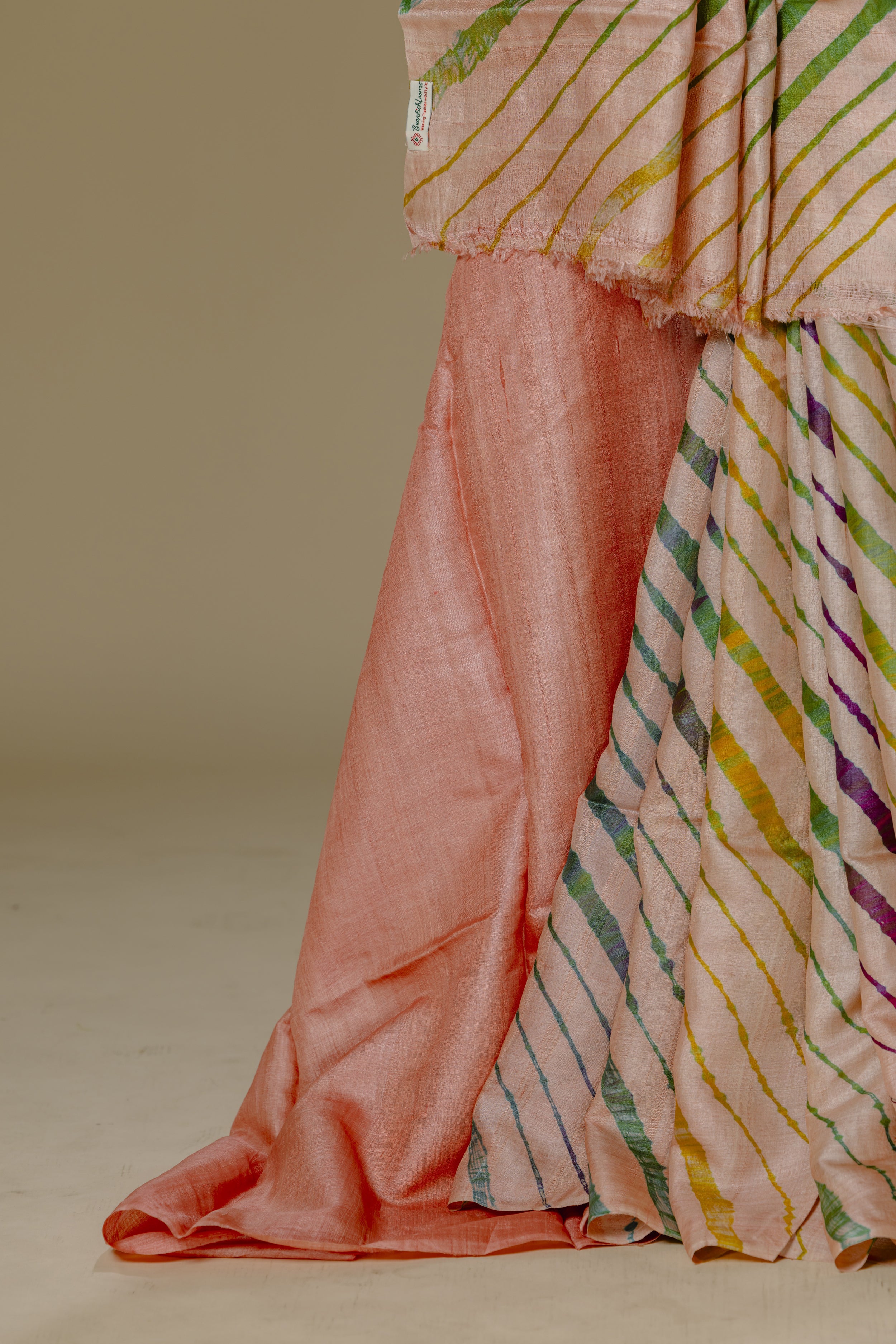 Light Peach Tusser Silk Leharia Saree