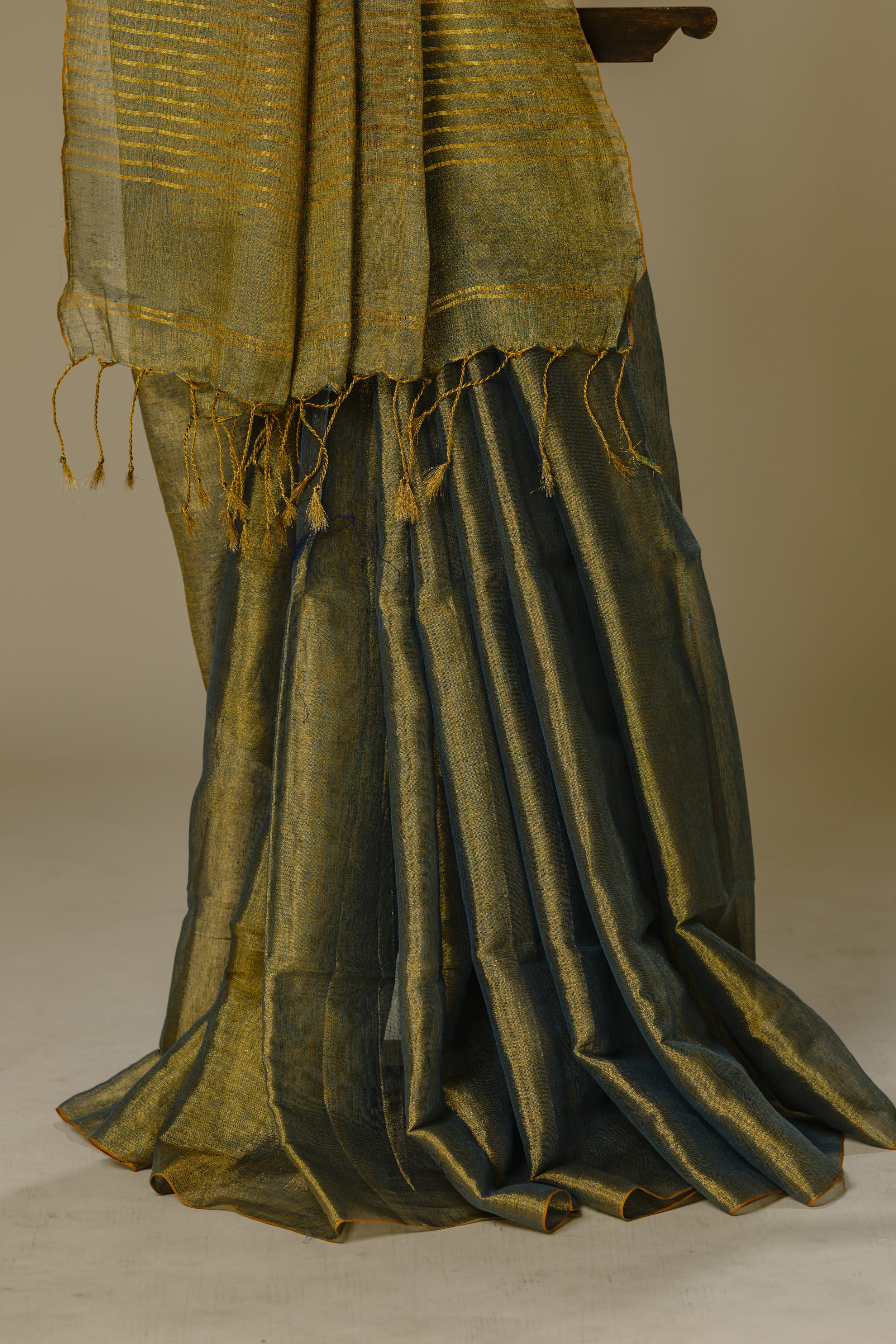 Slate Golden Tissue Linen Saree