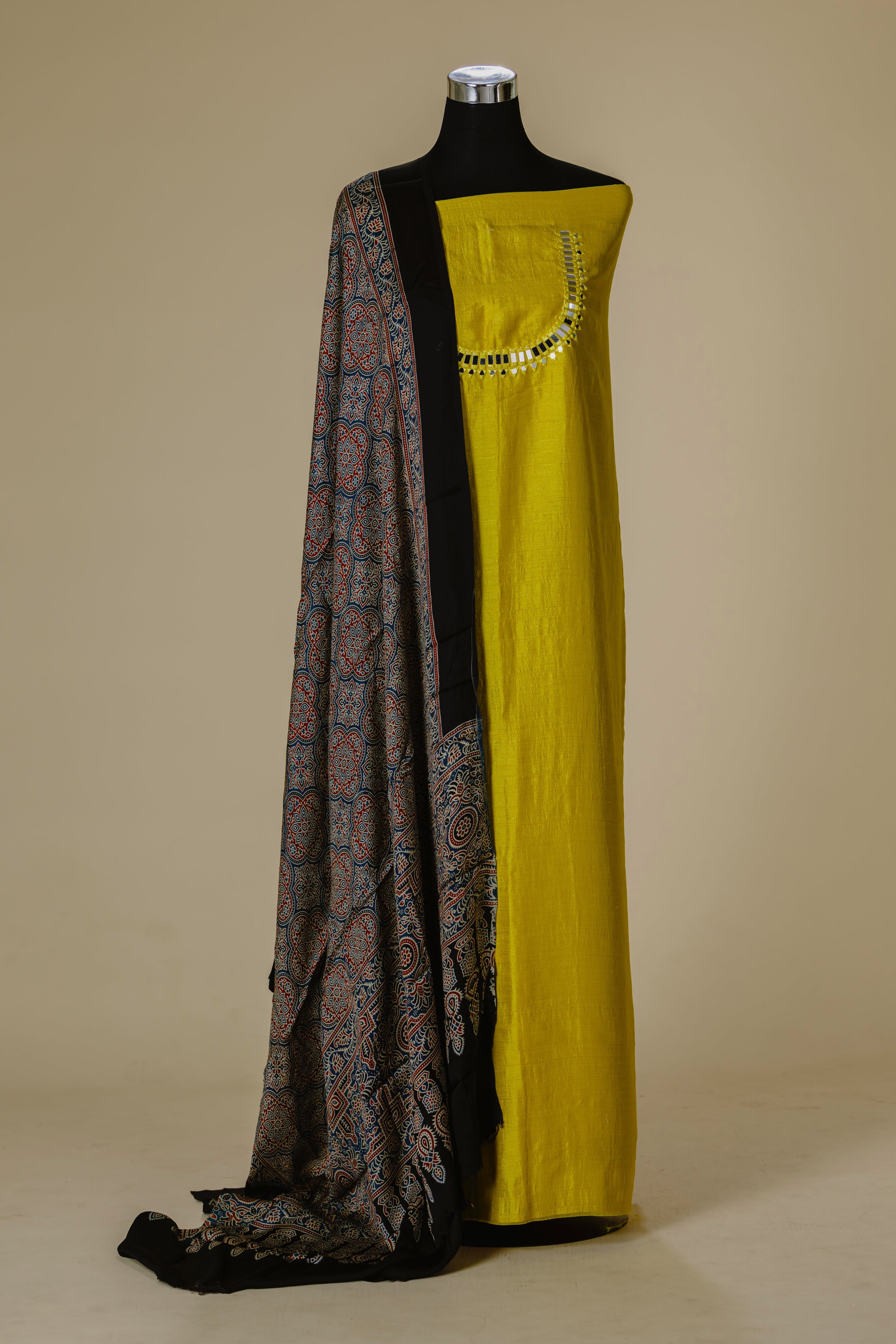 Dusky Yellow Top with Black Ajrakh Dupatta