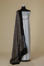 White Raw Silk Top with Black Ajrakh Dupatta