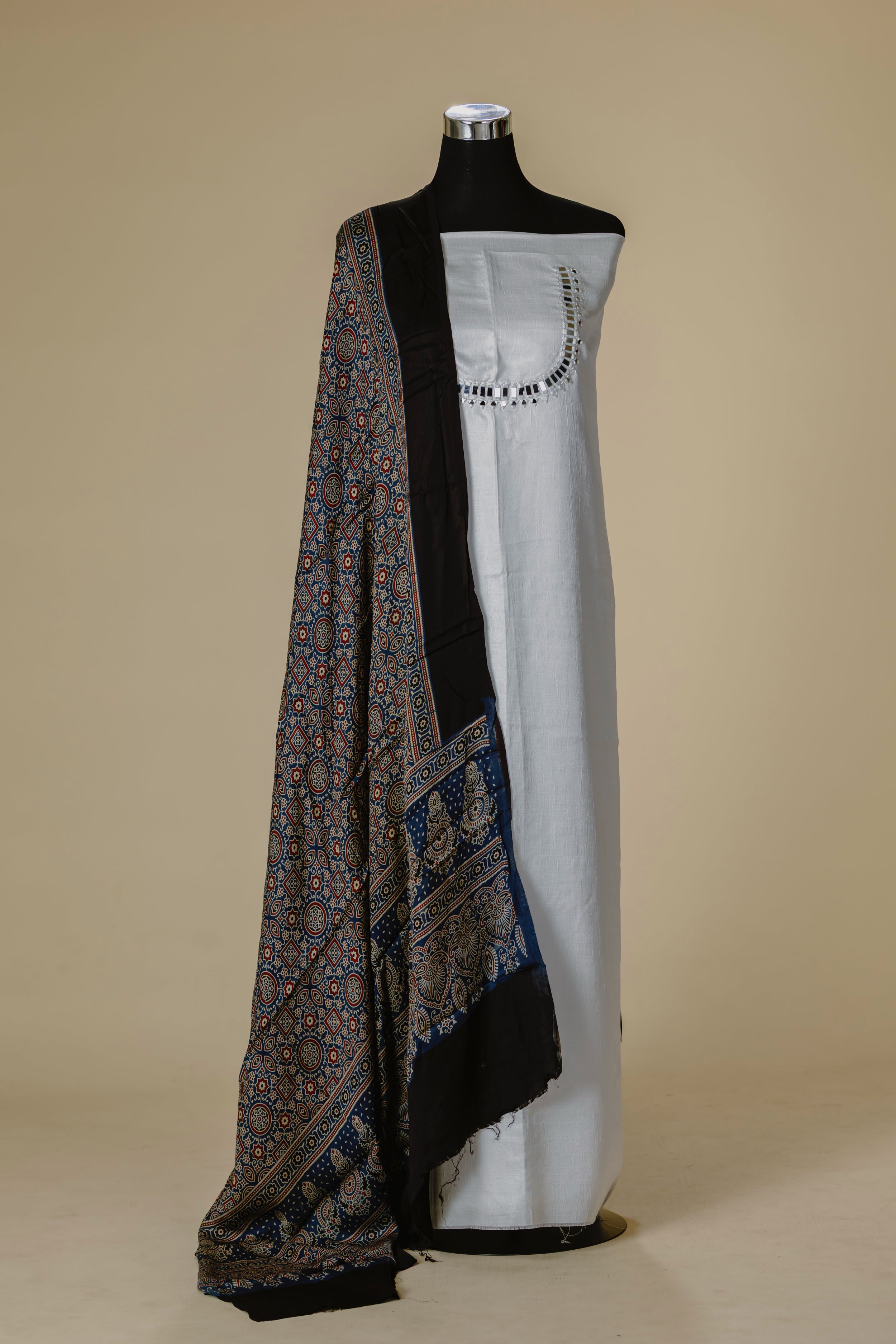 White Raw Silk Top with Black Ajrakh Dupatta