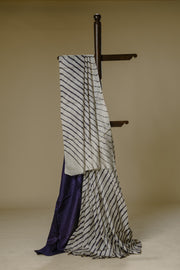 White Tusser Silk Leharia Saree with Grey Blouse