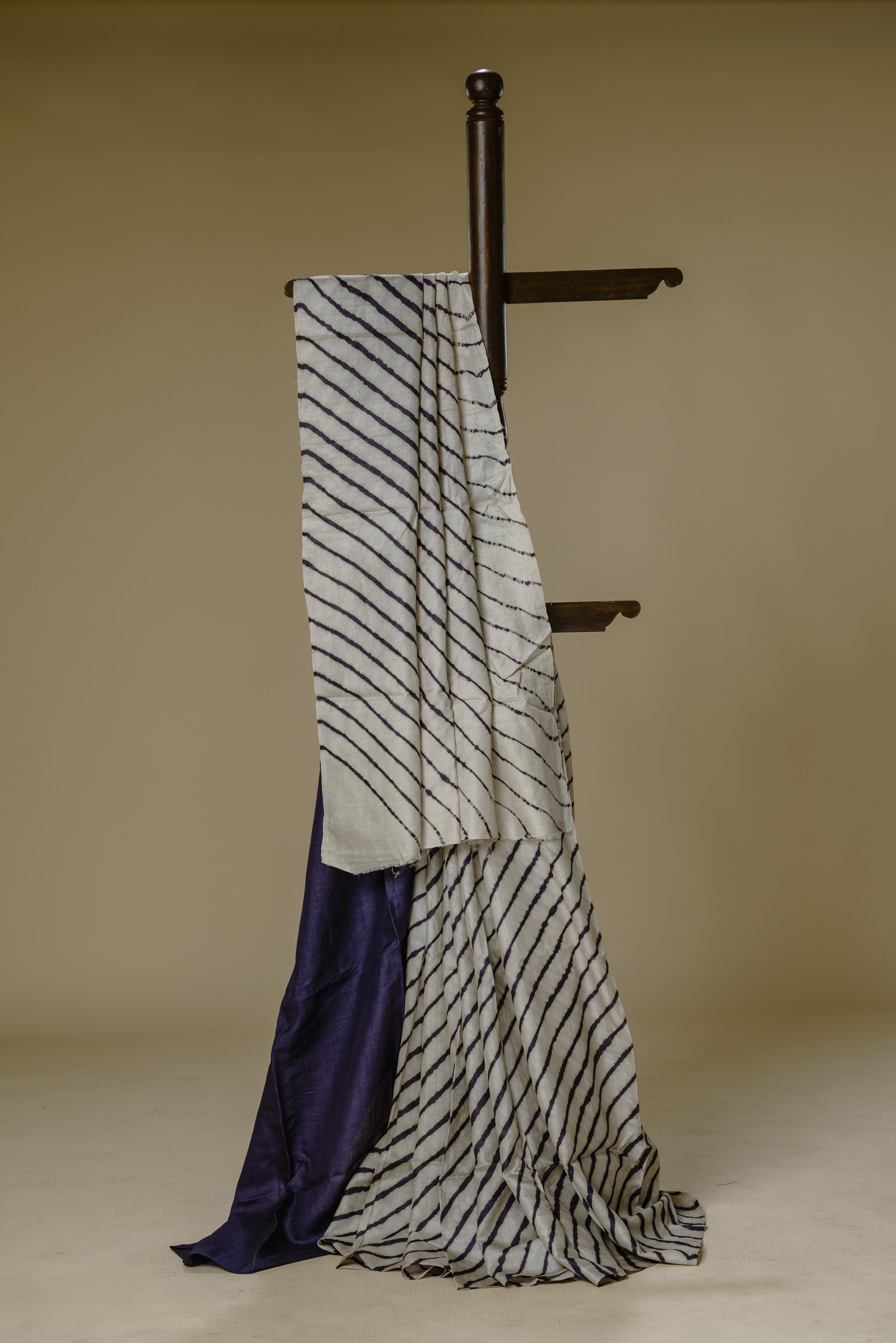White Tusser Silk Leharia Saree with Grey Blouse