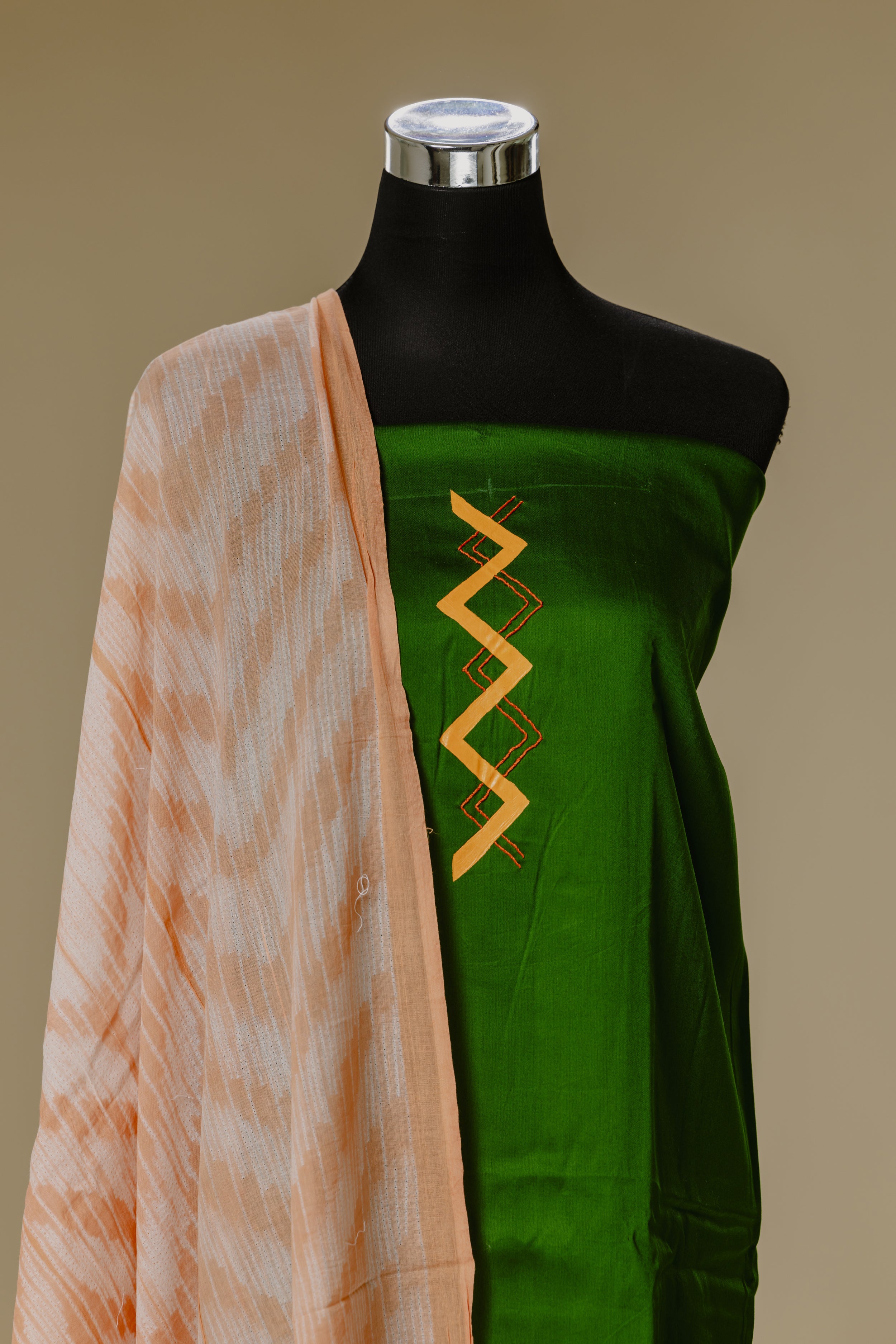 Green Hand-Painted Top with Peach Orange Shibori Dupatta