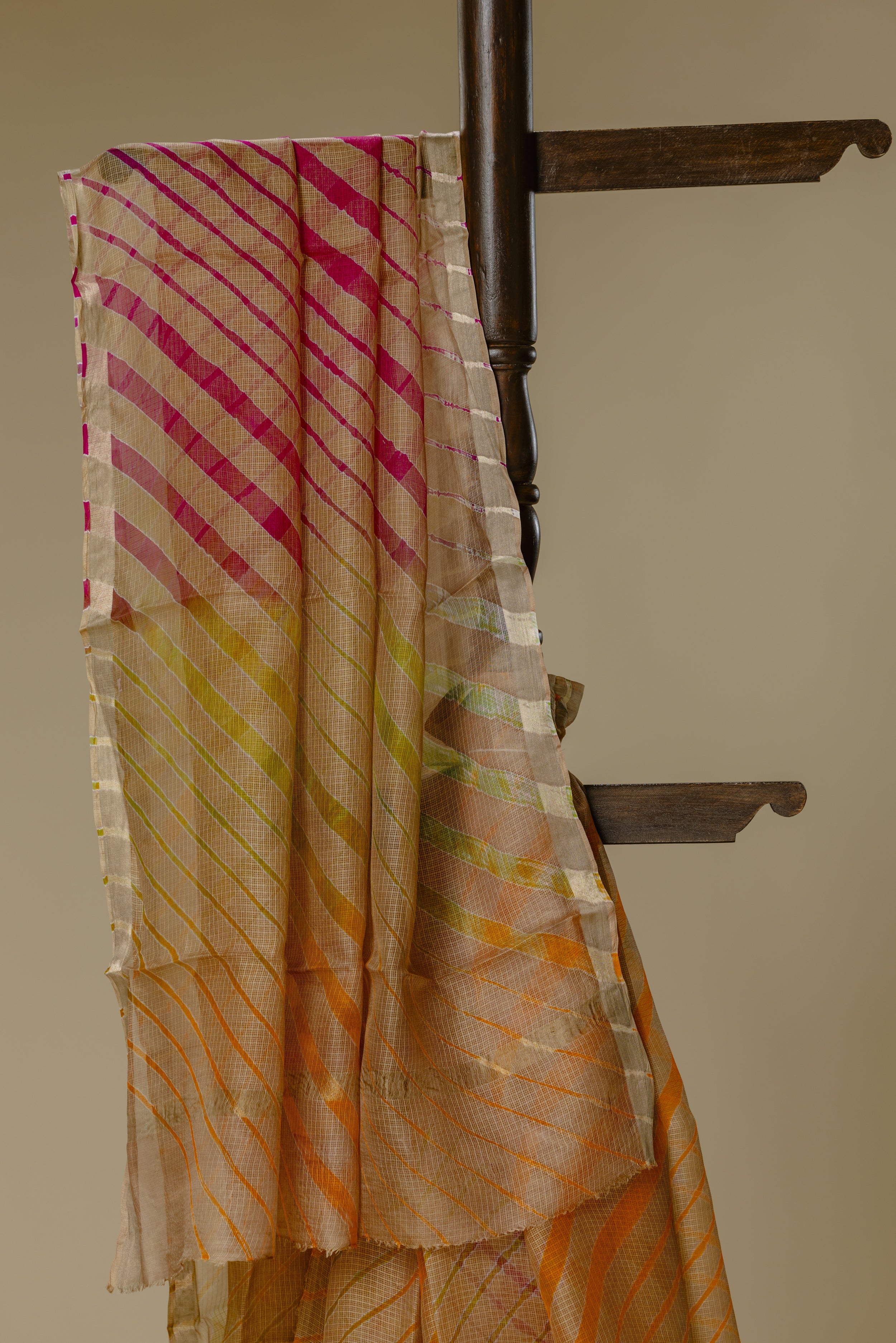 Chikoo Silk Leharia Saree with Golden Border