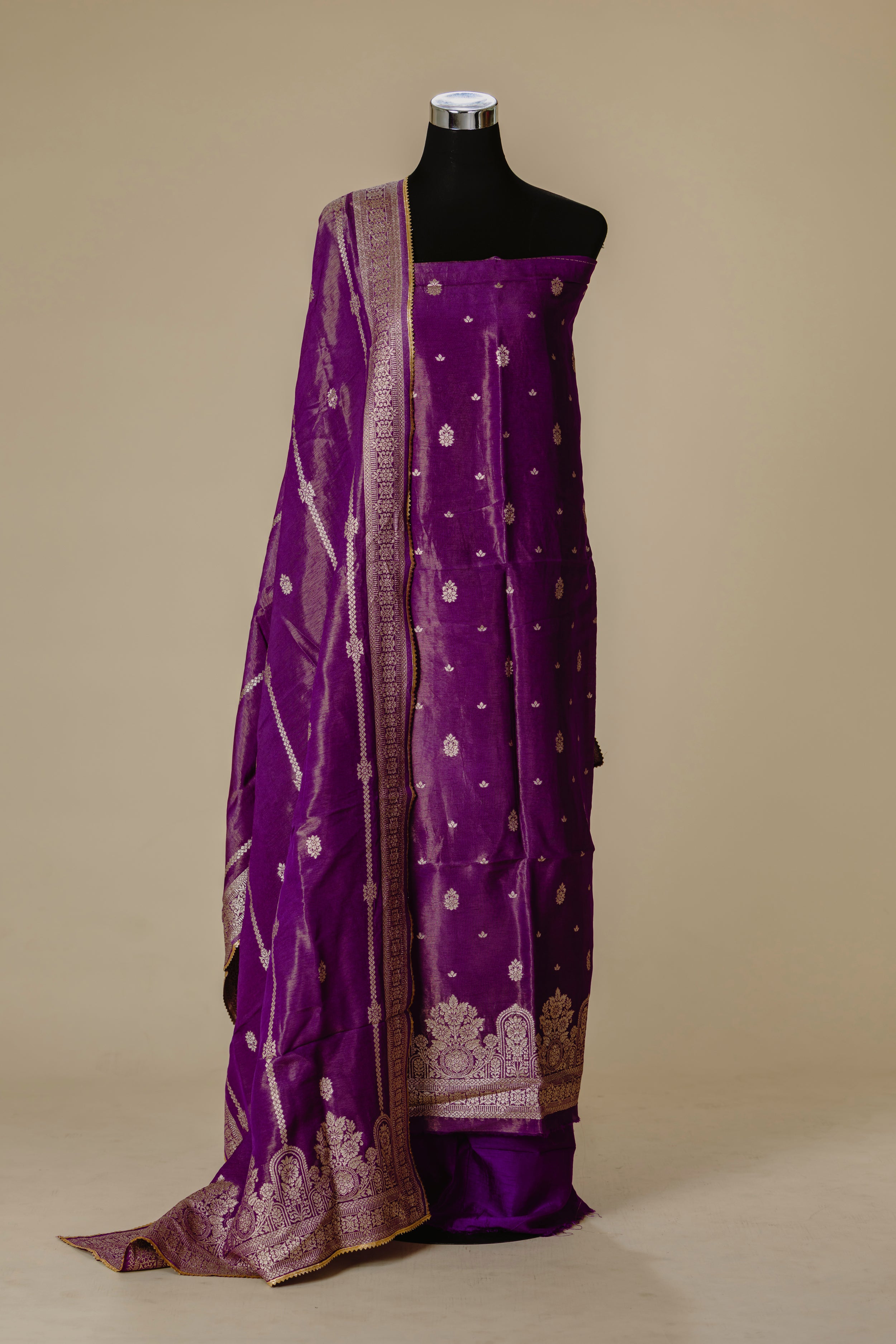 Purple Tissue Banaras Suit with Gota Dupatta