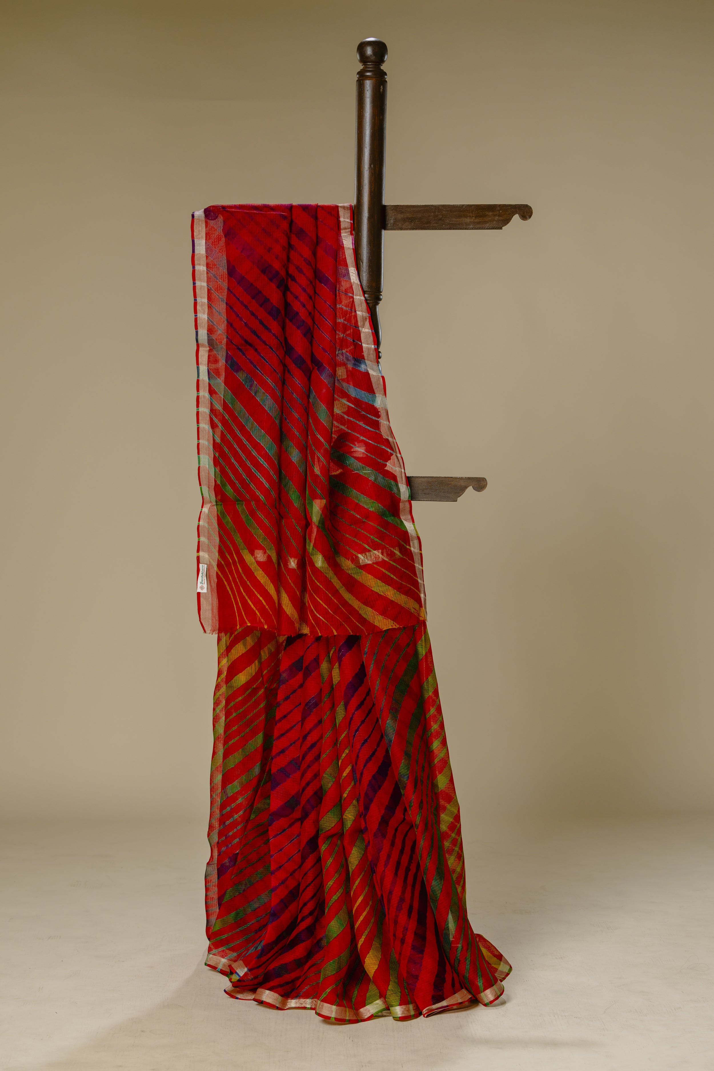 Red Leharia Kota Doria Silk Saree with Golden Border