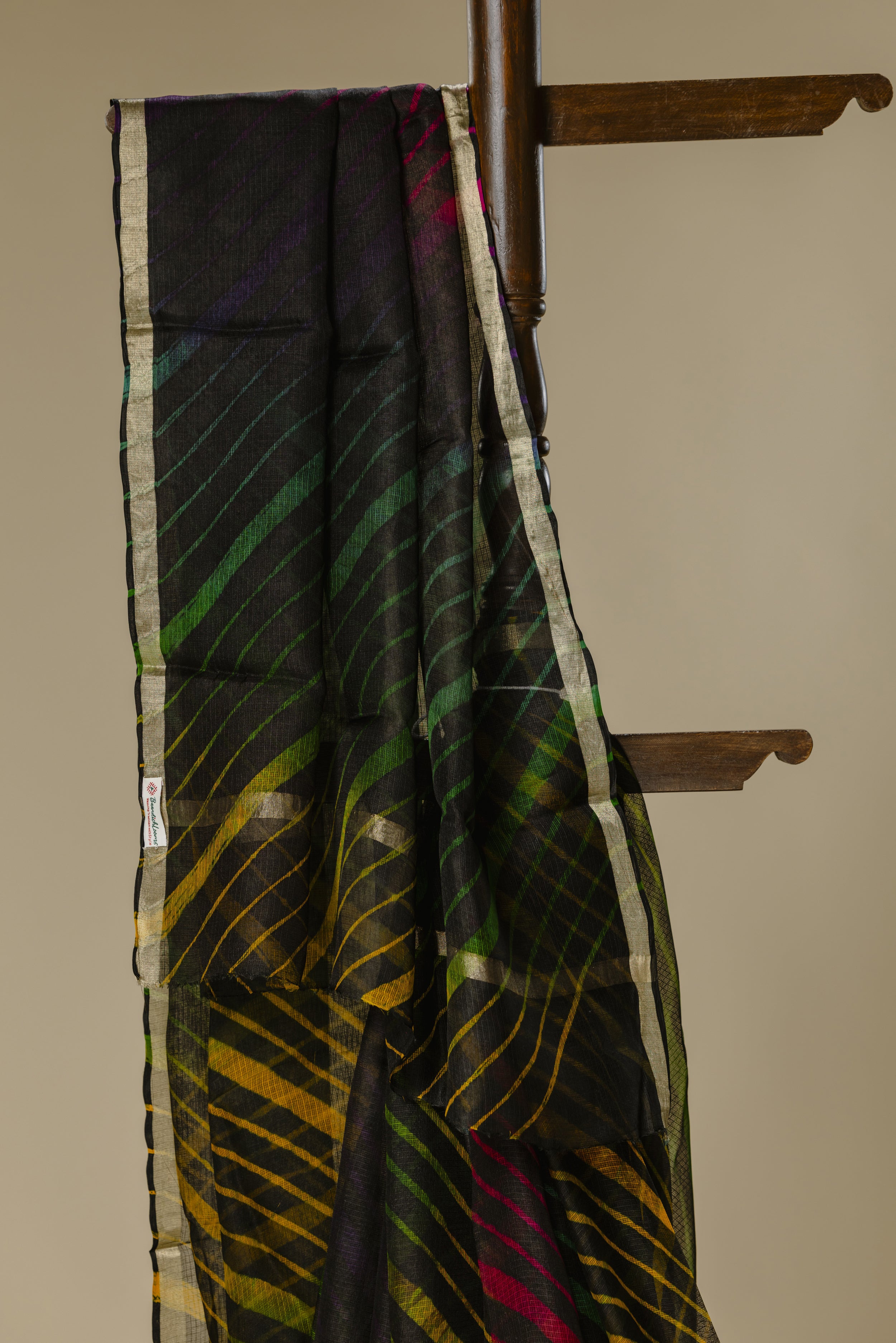 Black Leharia Kota Doria Silk Saree with Golden Border