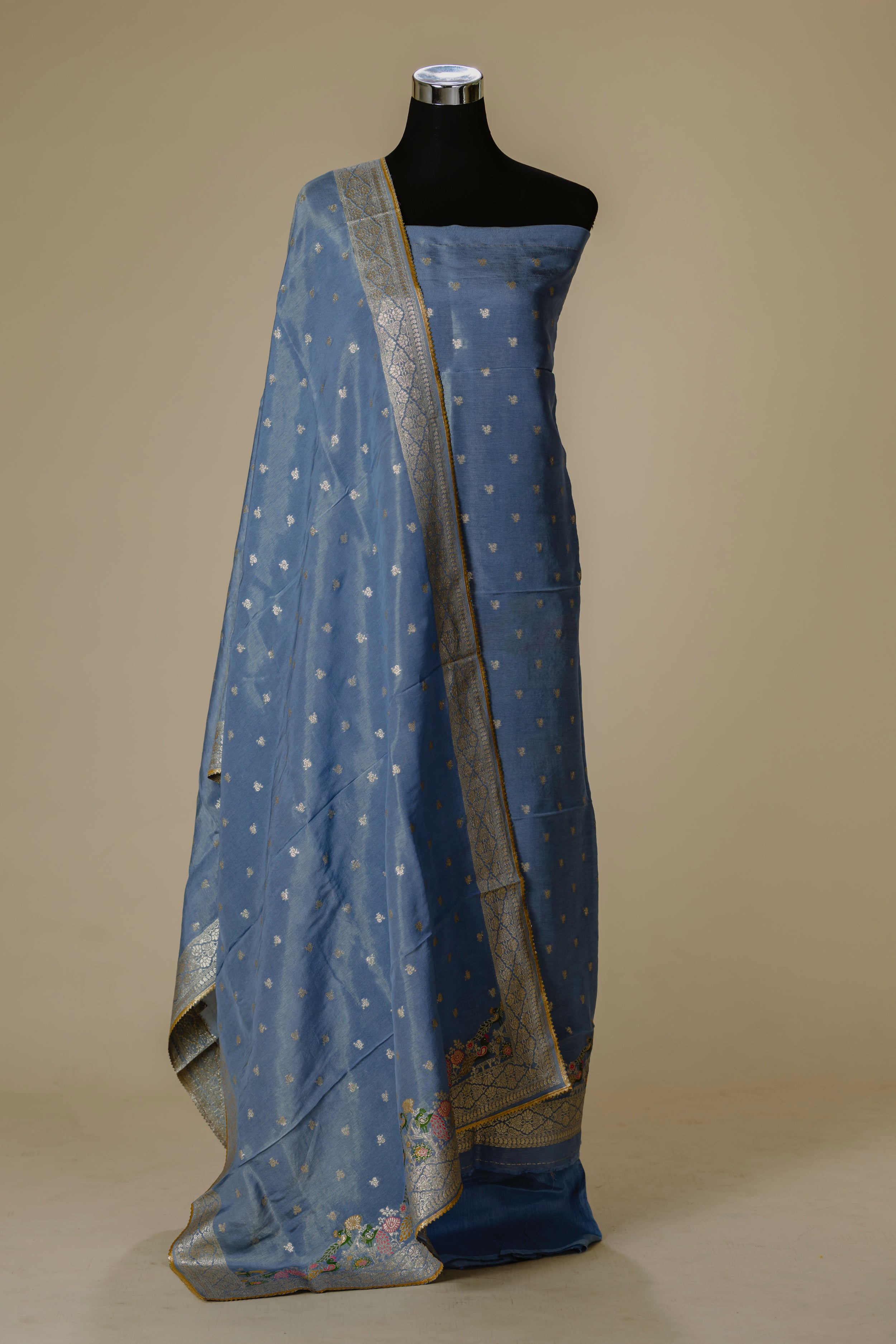 Light Grey Banaras Suit Set with Gota Lace Dupatta