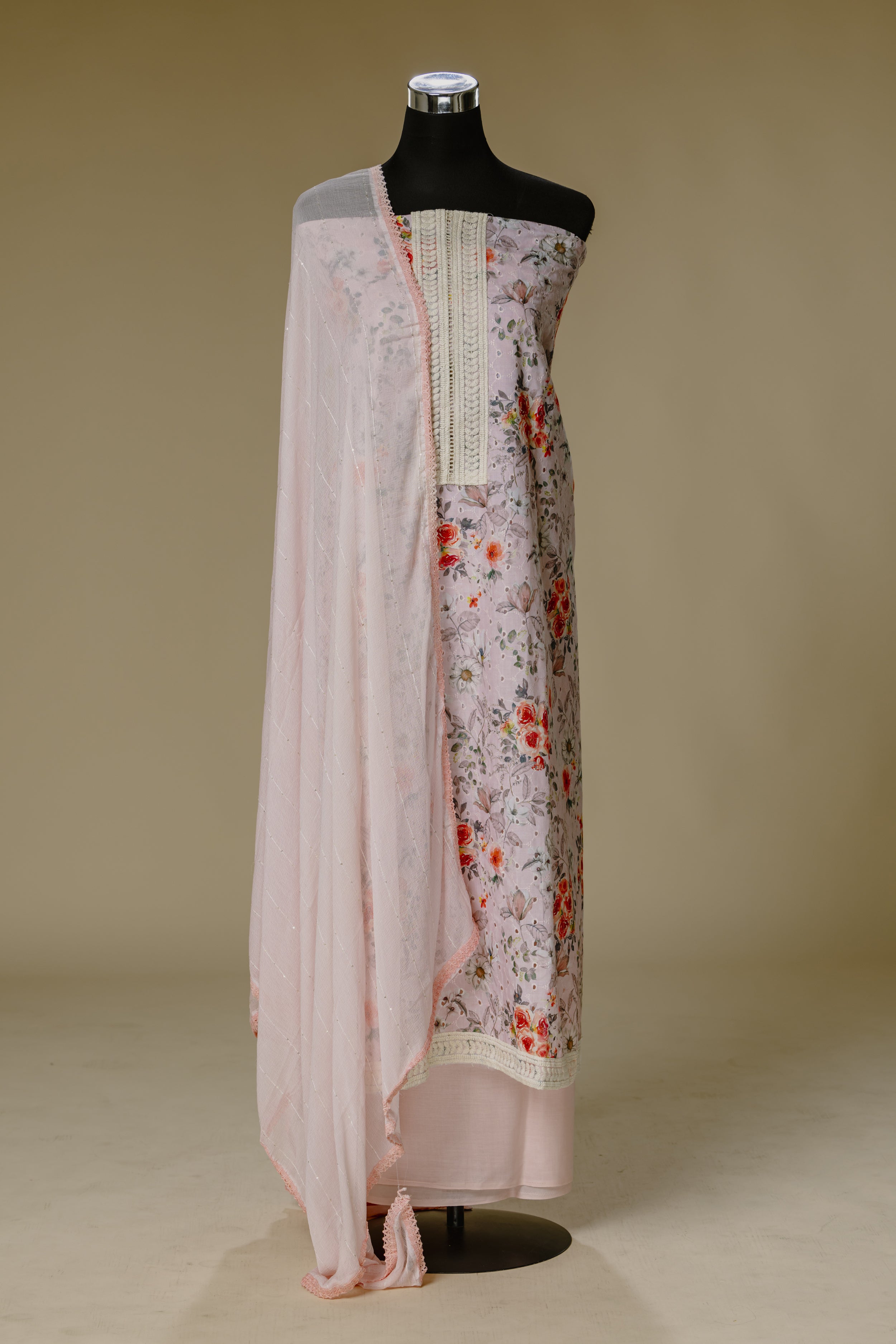 Light Pink Shifli Suit Set with Chiffon Dupatta