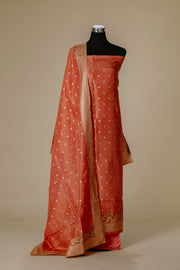 Peach Orange Tissue Banaras Suit with Dupatta & Bottom