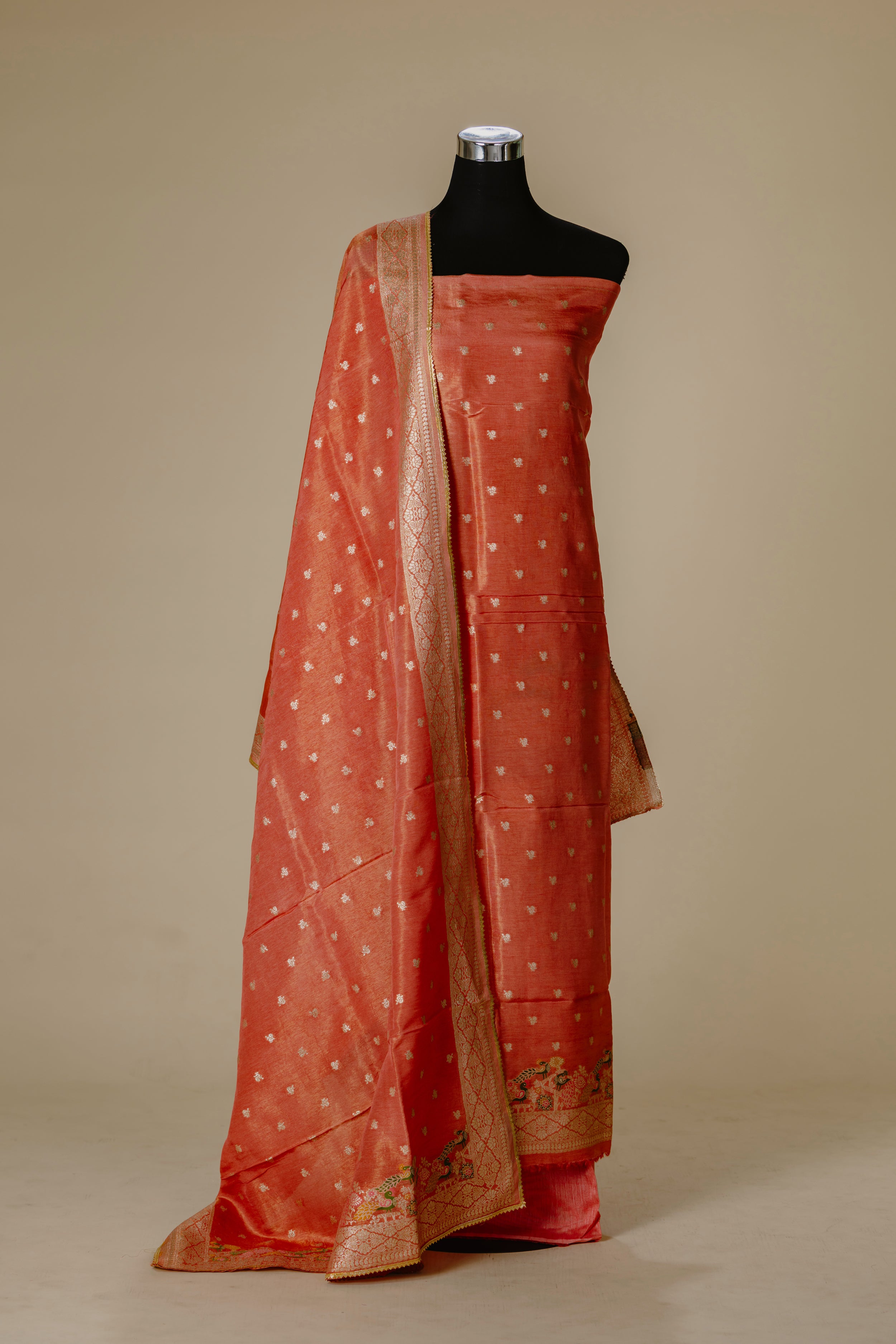 Peach Orange Tissue Banaras Suit with Dupatta & Bottom