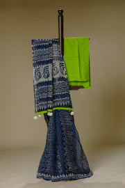 Indigo Kota Doria Saree with Parrot Green Blouse