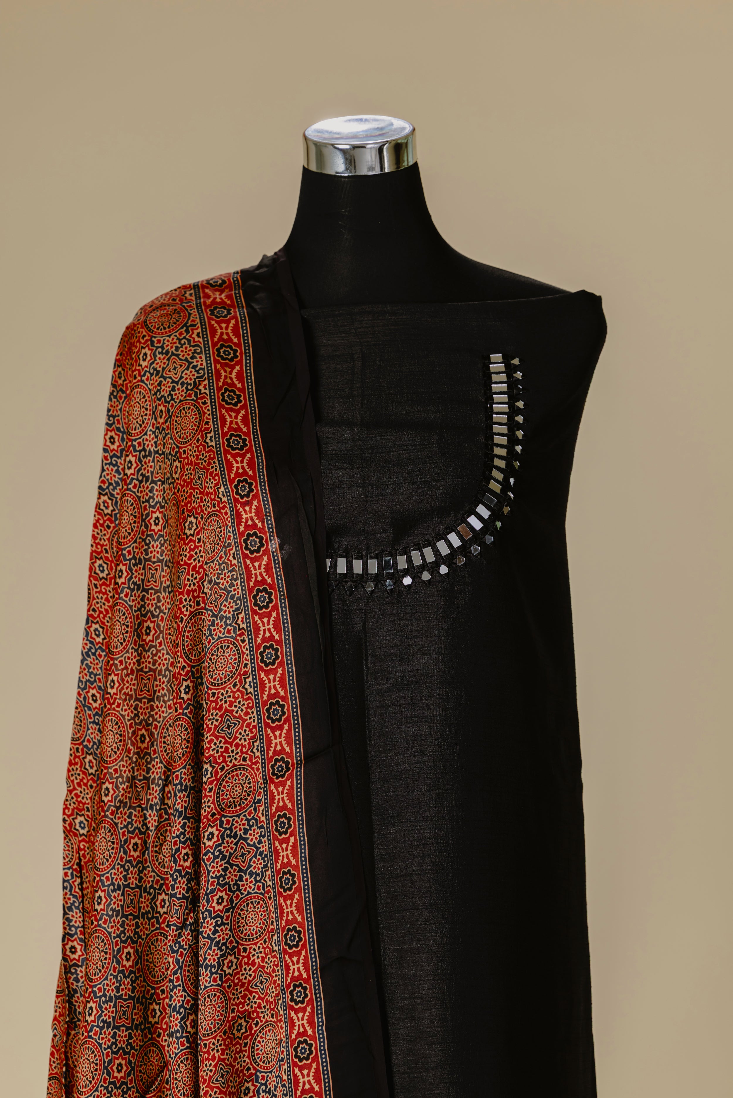 Black Mirror Work Top with Ajrakh Dupatta