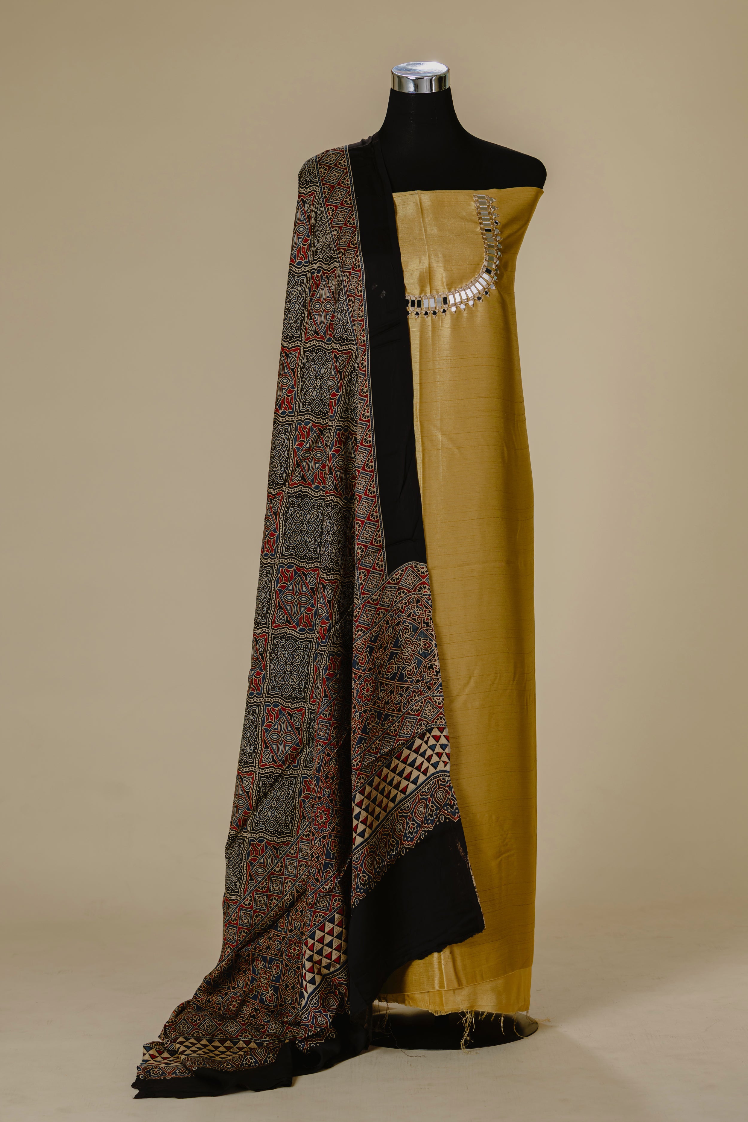 Golden Cotton Silk Top with Ajrakh Dupatta