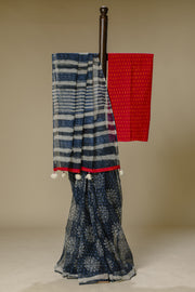 Indigo Kota Doria Saree with Rani Pink Blouse