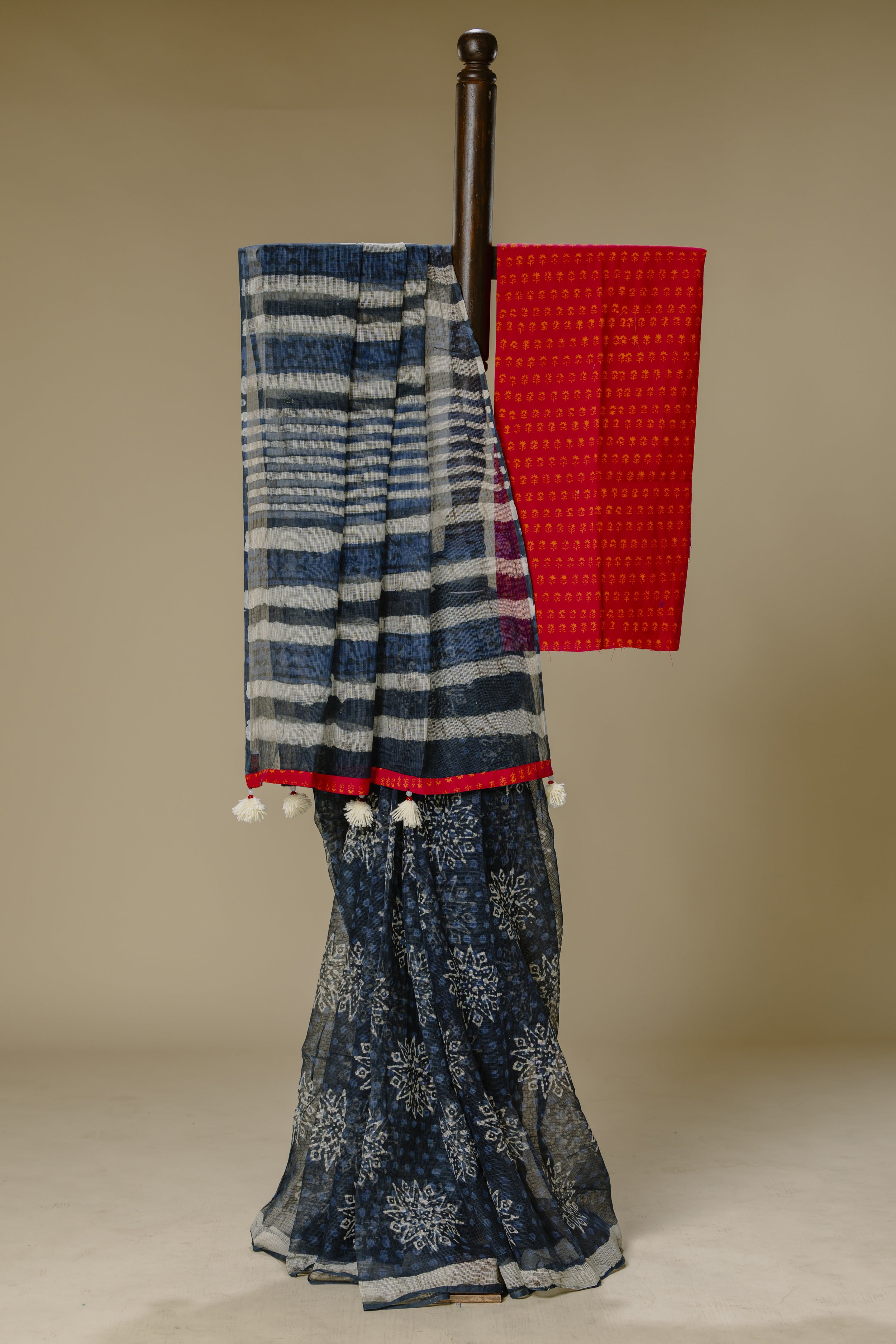 Indigo Kota Doria Saree with Rani Pink Blouse
