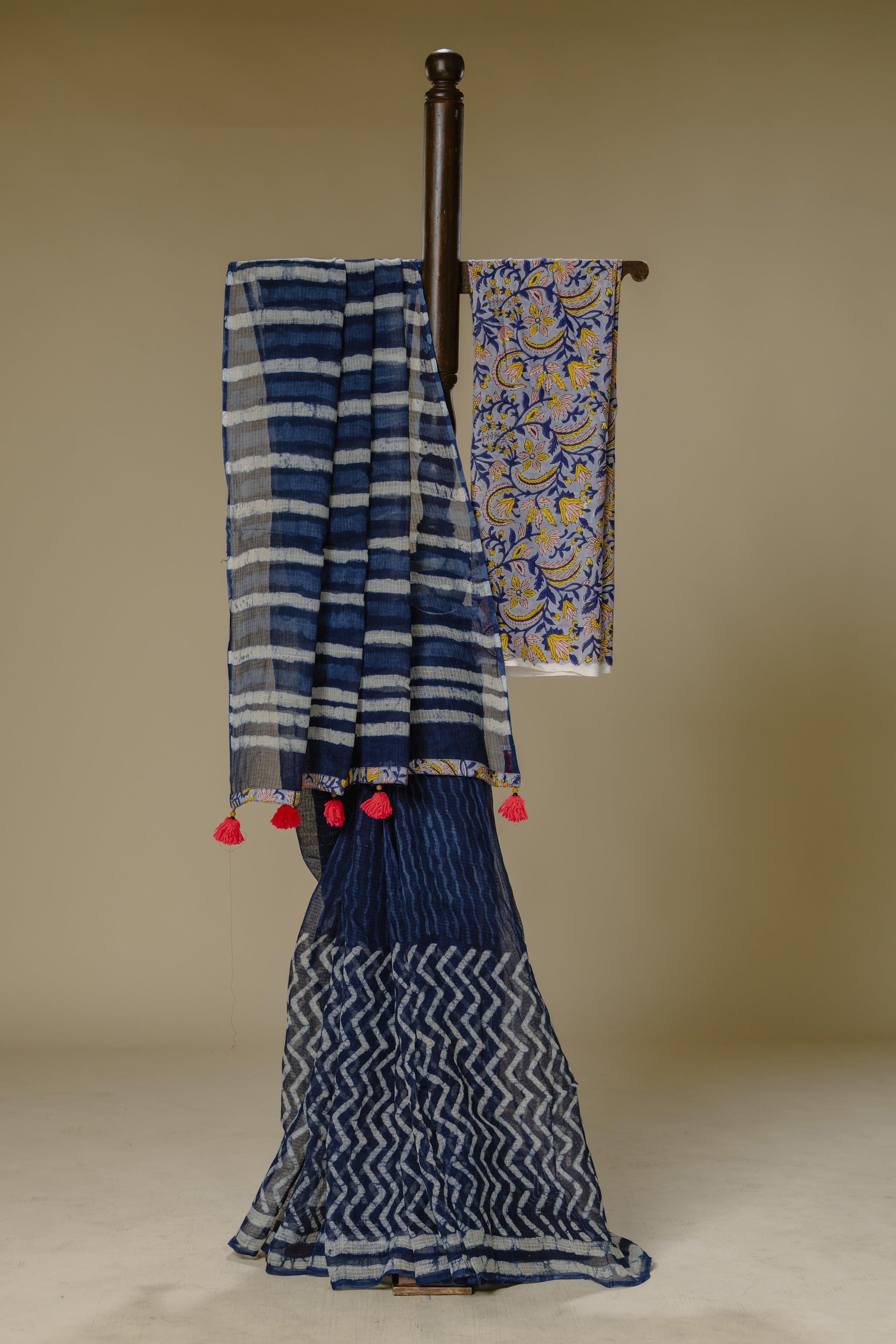 Indigo Kota Doria Saree with Grey Blouse