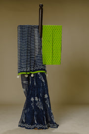 Handwoven Indigo Saree with Green Blouse & Tassels
