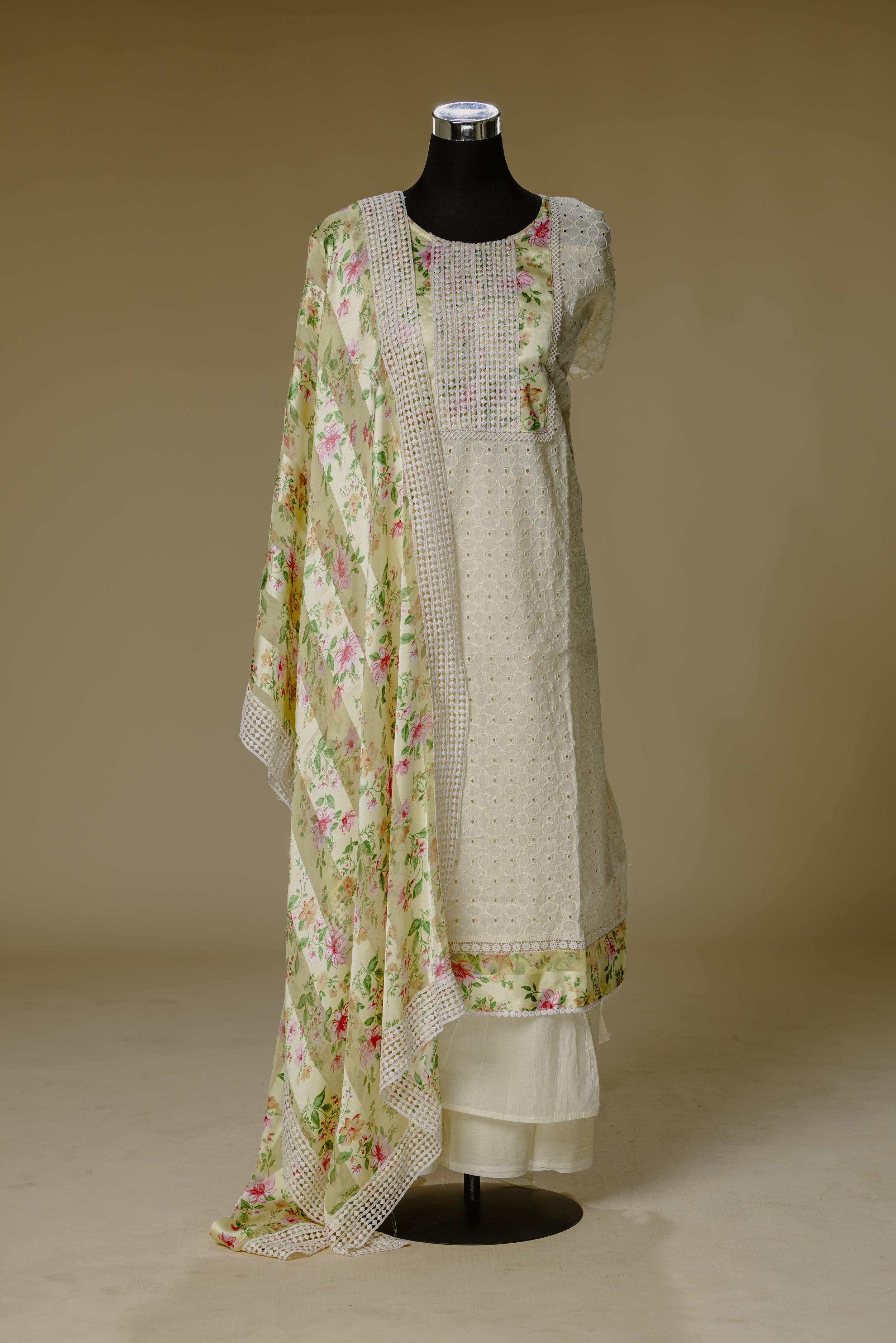 Beige Shifli Suit with Yellow Dupatta