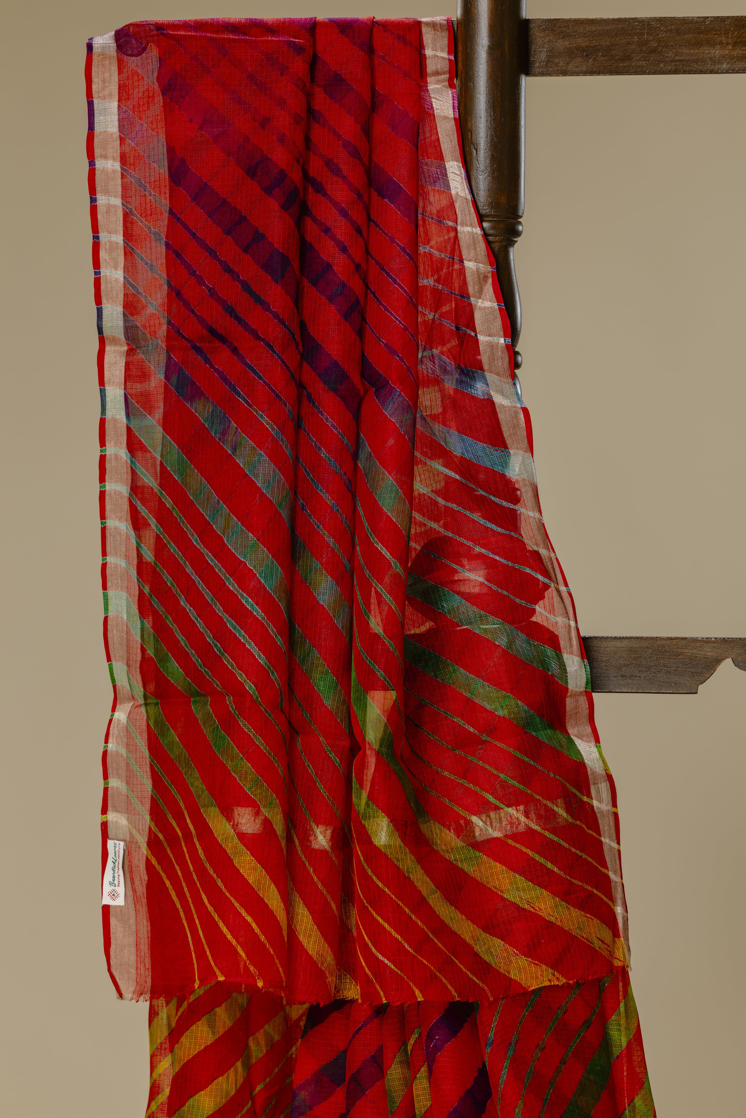 Red Leharia Kota Doria Silk Saree with Golden Border