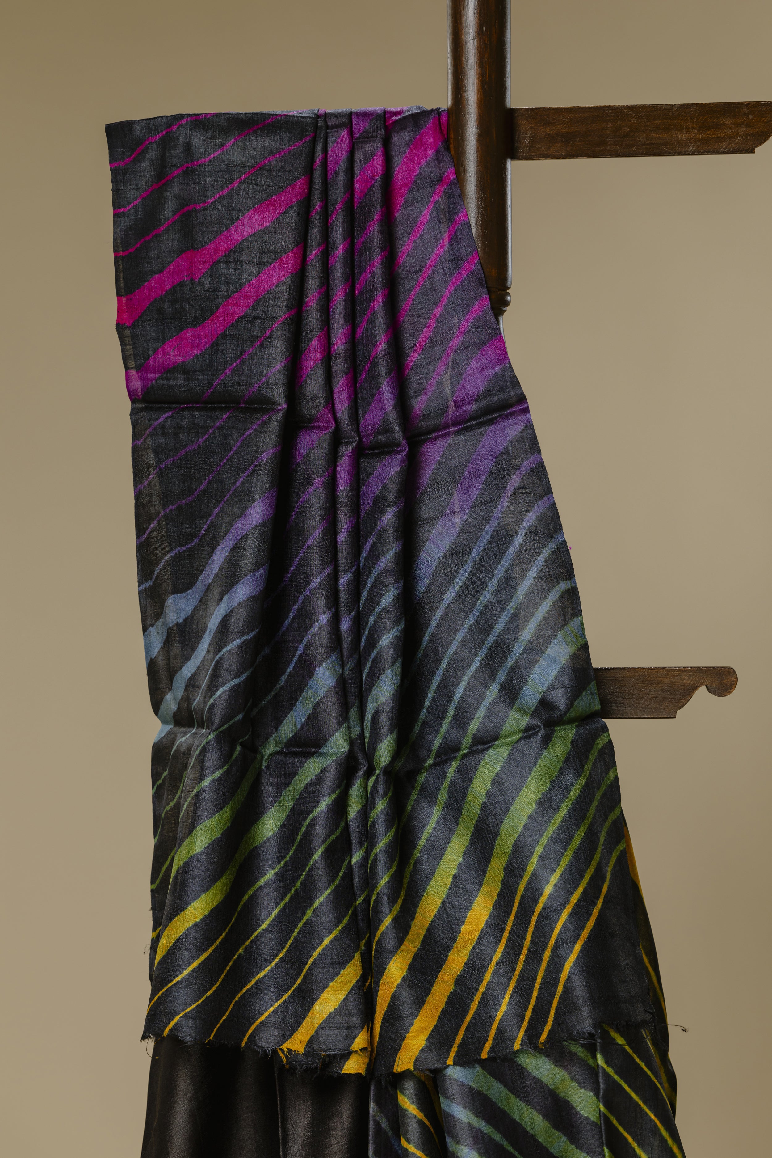 Black Tusser Silk Leharia Saree with Black Blouse