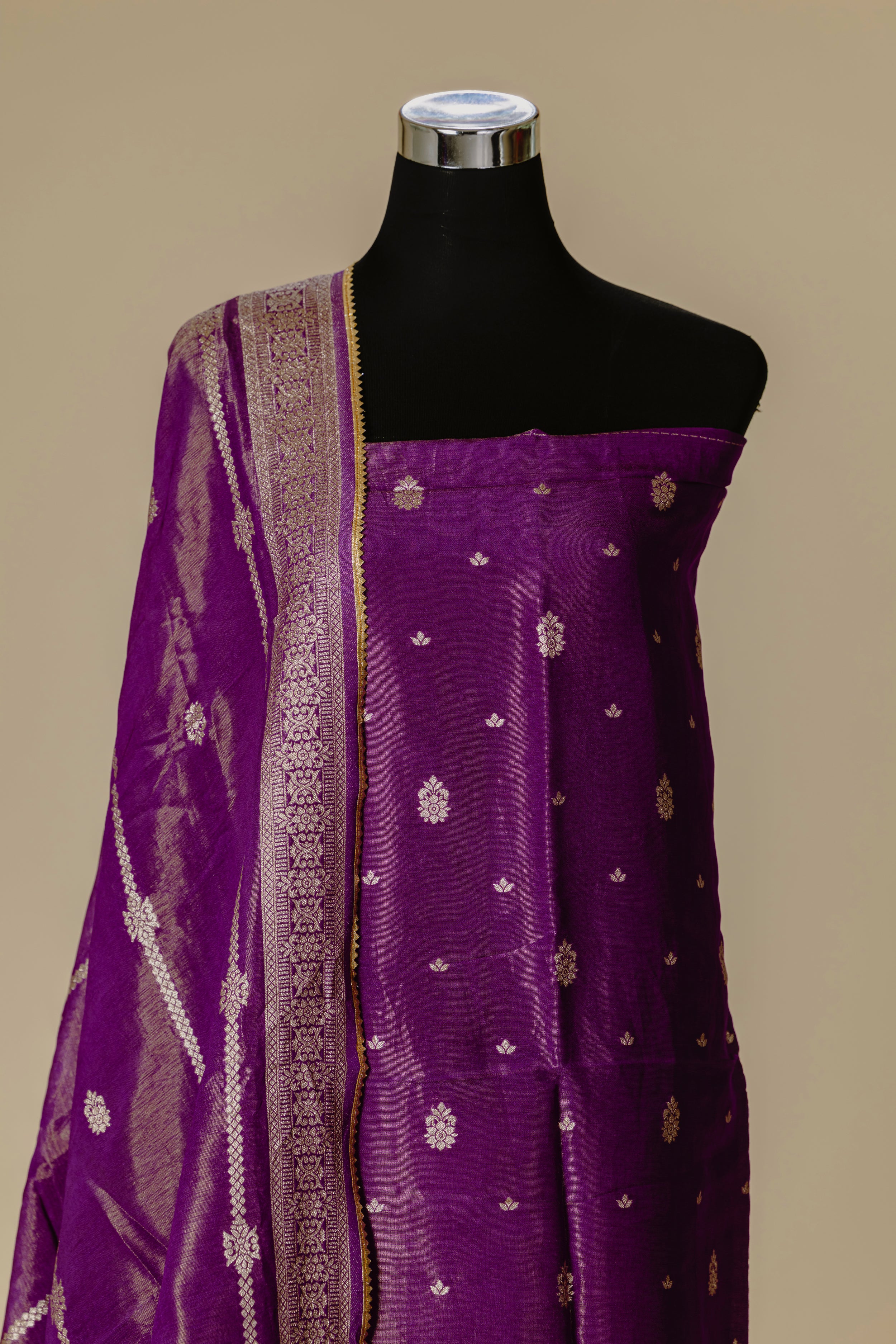 Purple Tissue Banaras Suit with Gota Dupatta