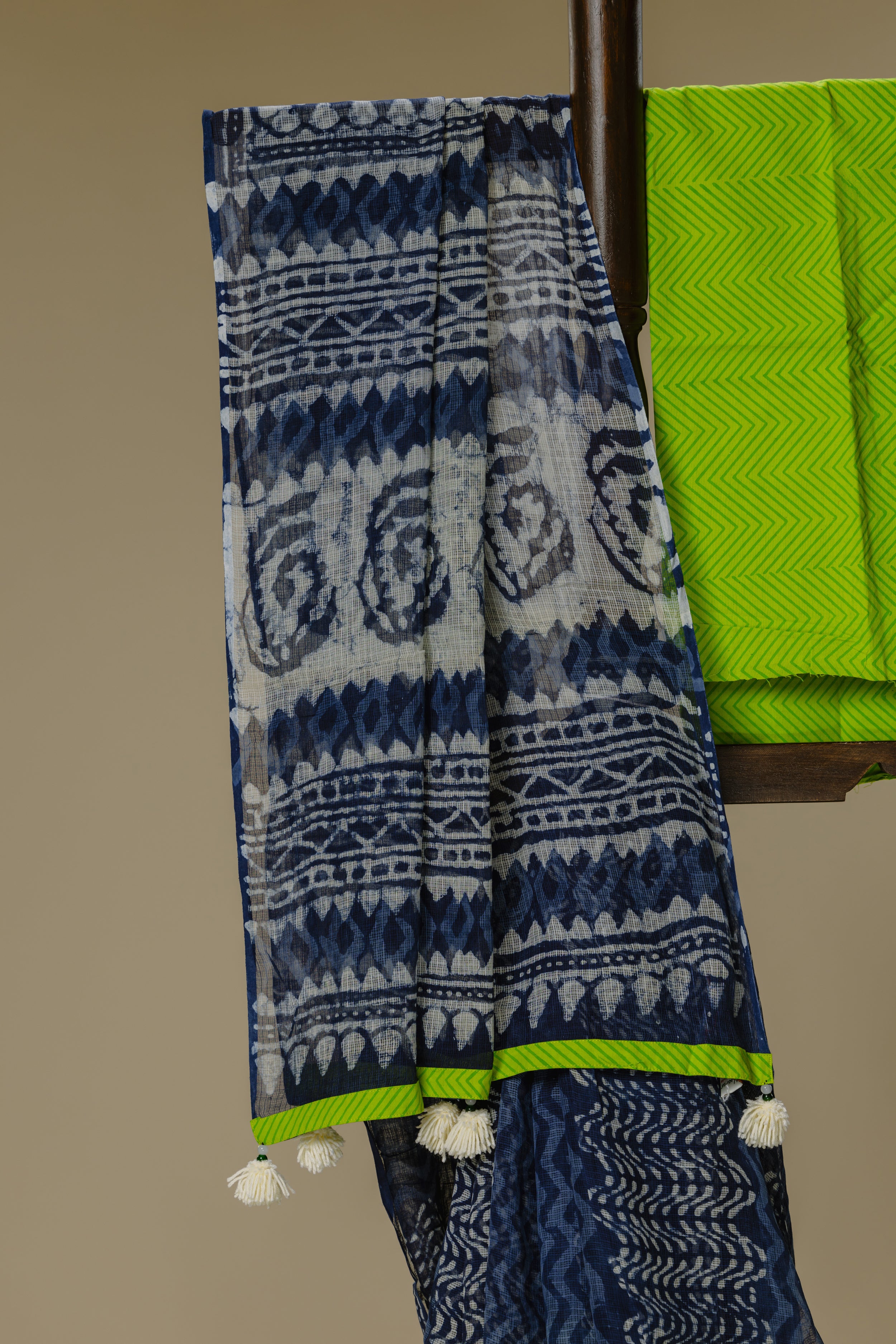Indigo Kota Doria Saree with Parrot Green Blouse
