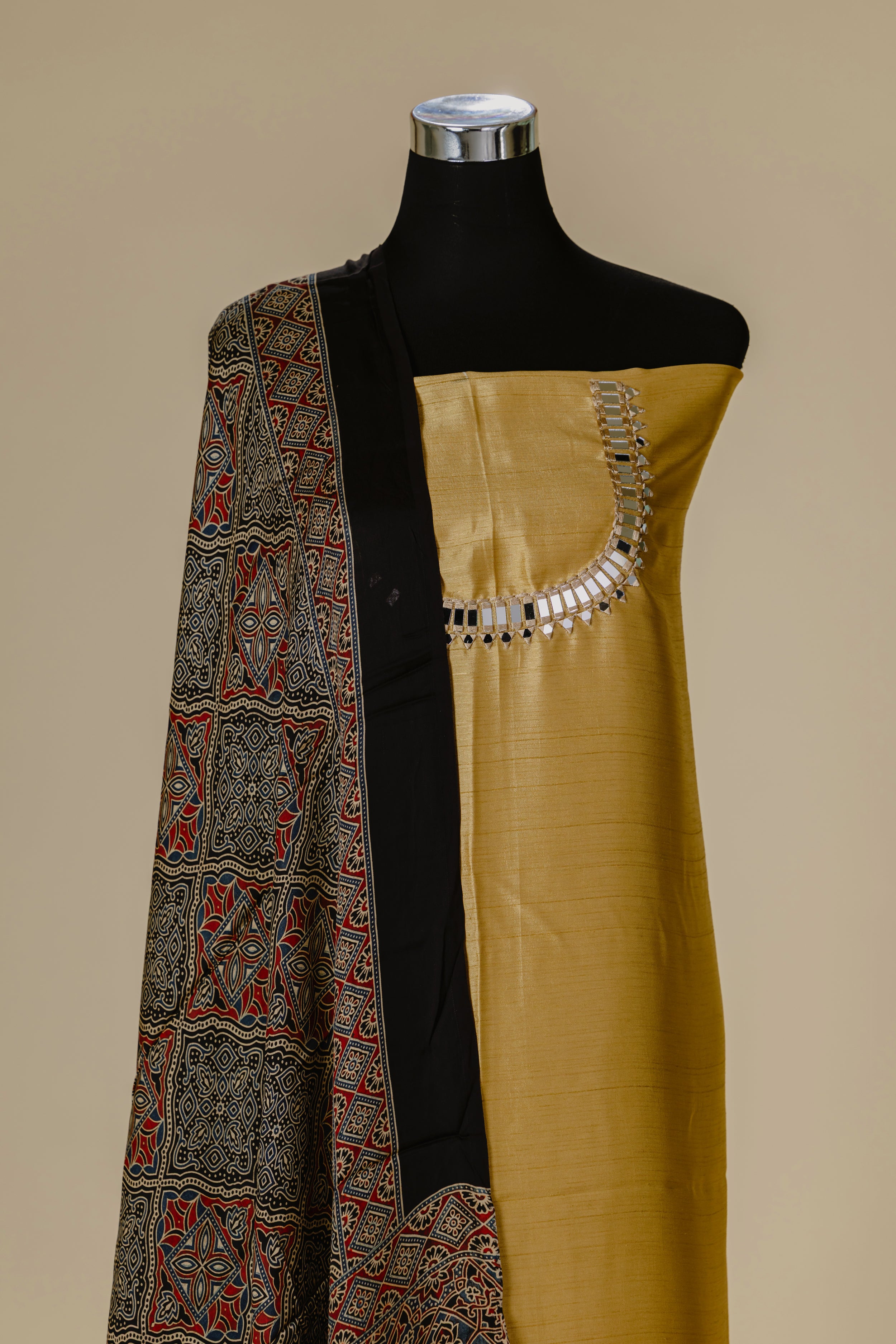 Golden Cotton Silk Top with Ajrakh Dupatta