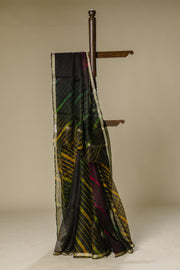 Black Leharia Kota Doria Silk Saree with Golden Border