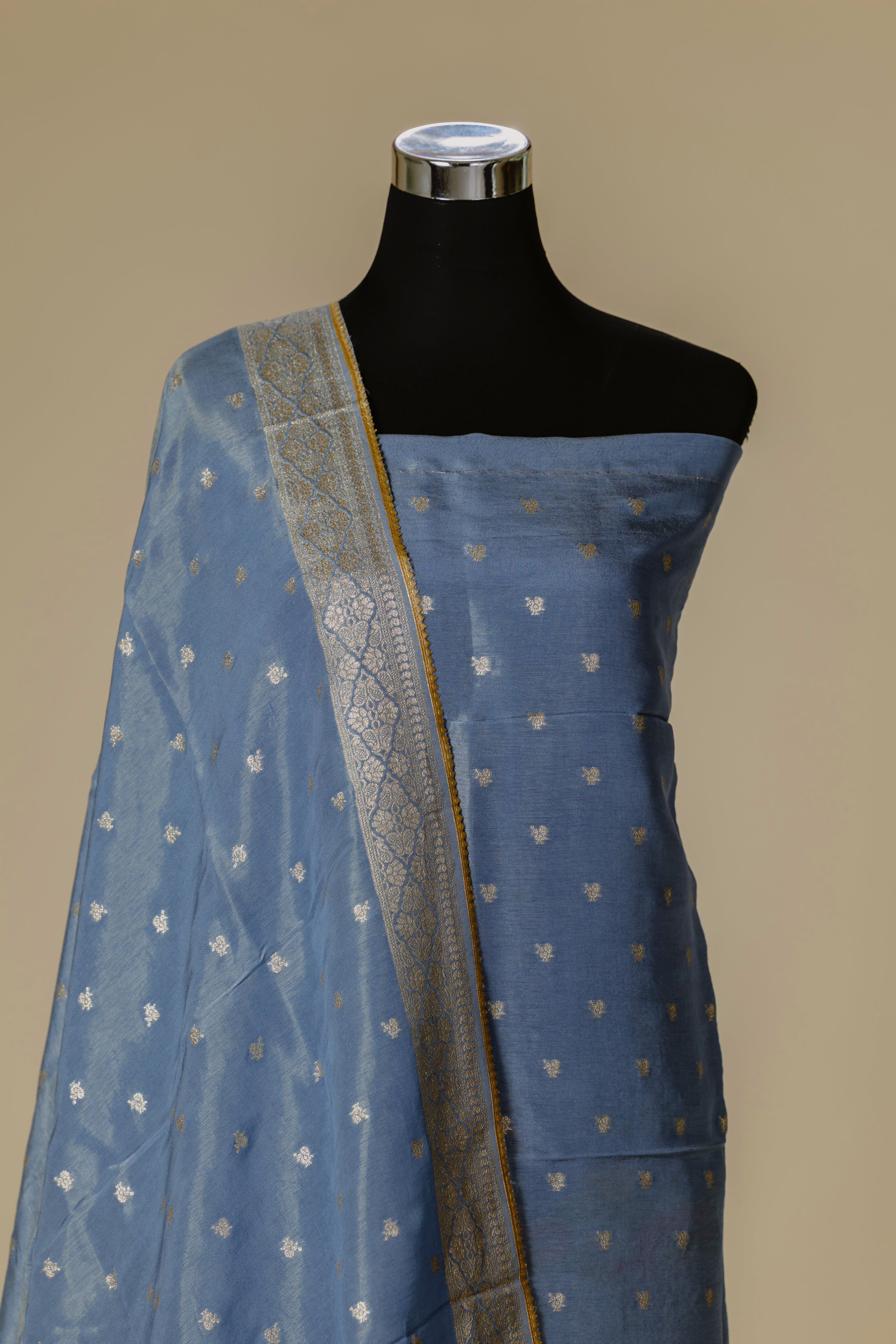 Light Grey Banaras Suit Set with Gota Lace Dupatta