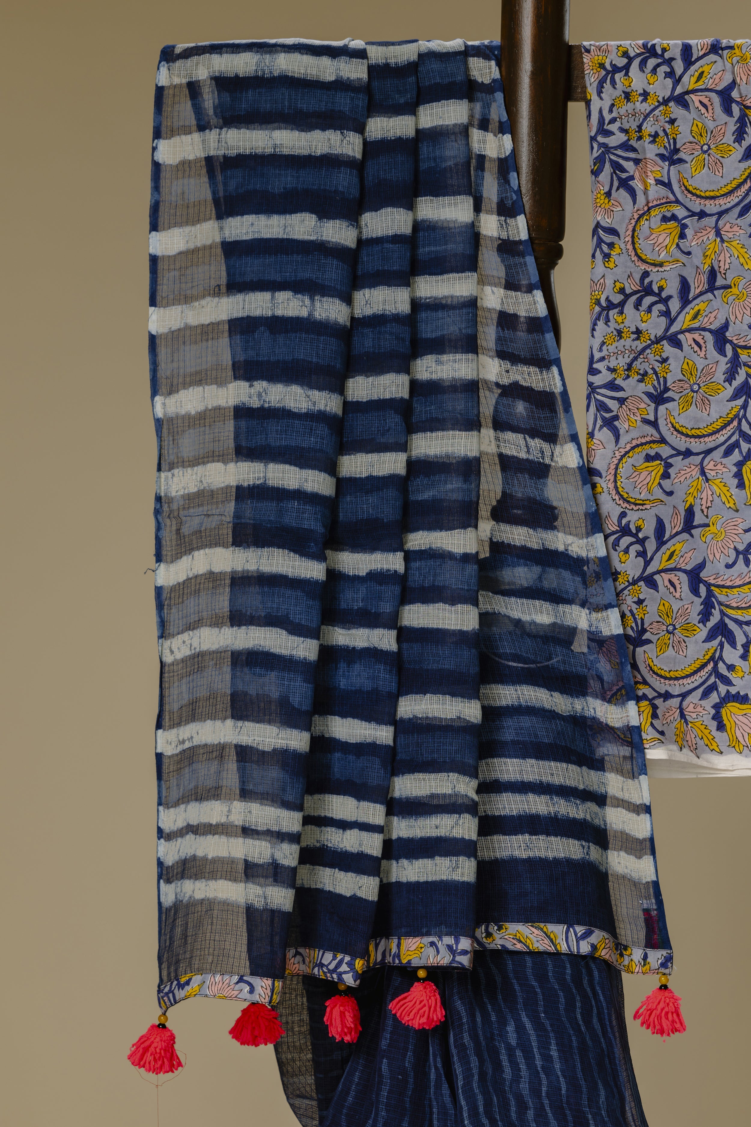 Indigo Kota Doria Saree with Grey Blouse