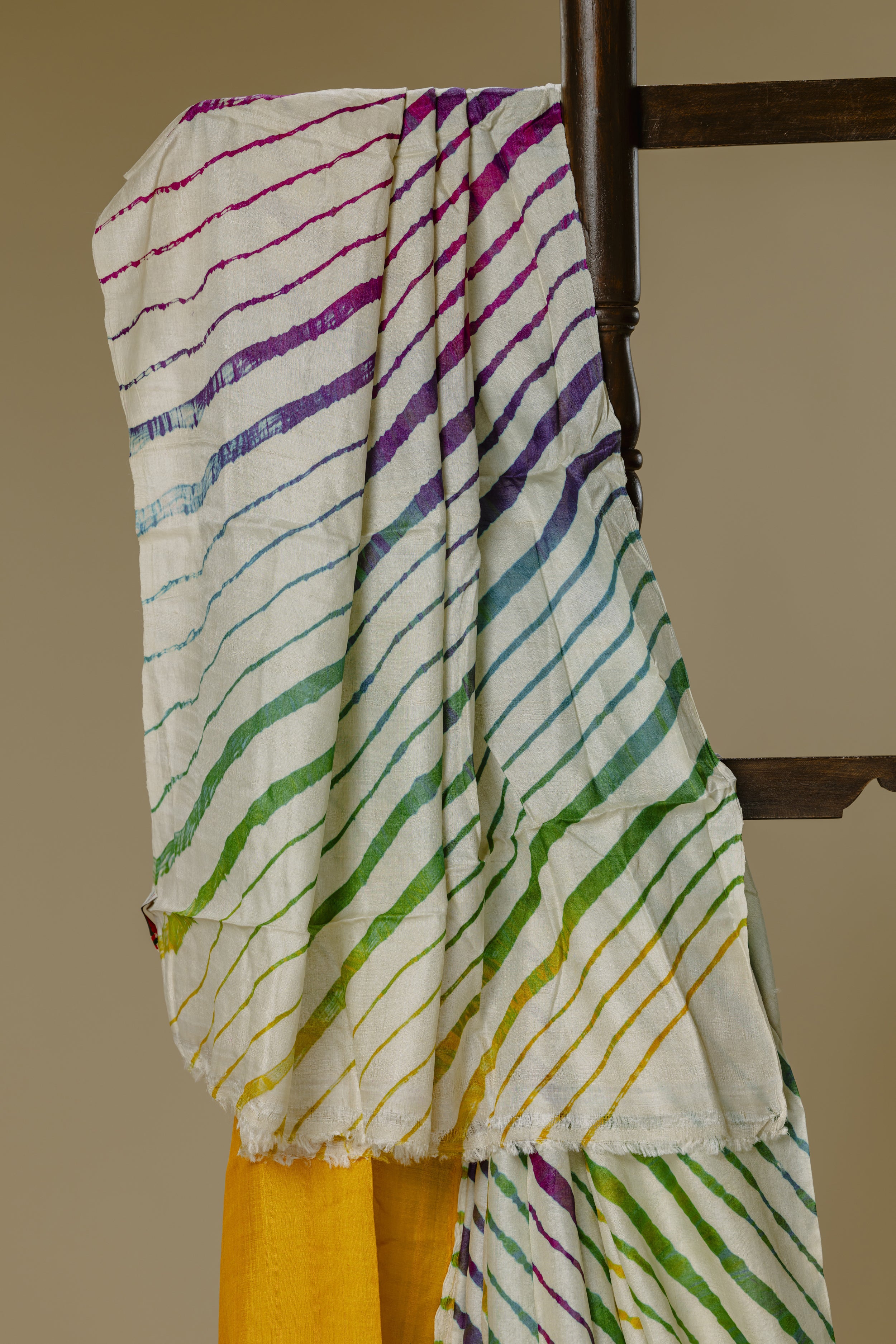 White Leharia Silk Saree with Yellow Blouse
