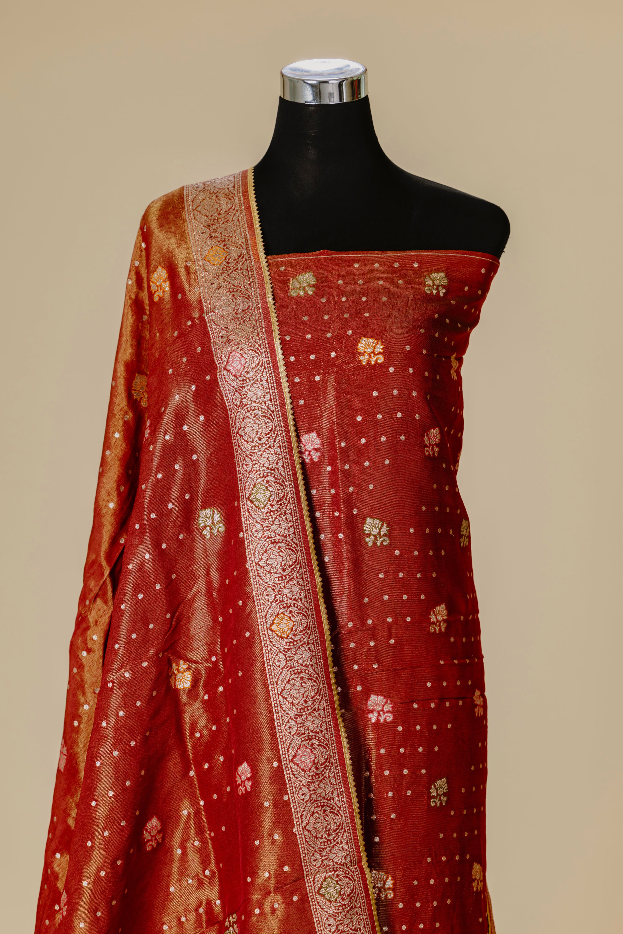 Brick Orange Banaras Suit Set with Gota Lace Dupatta