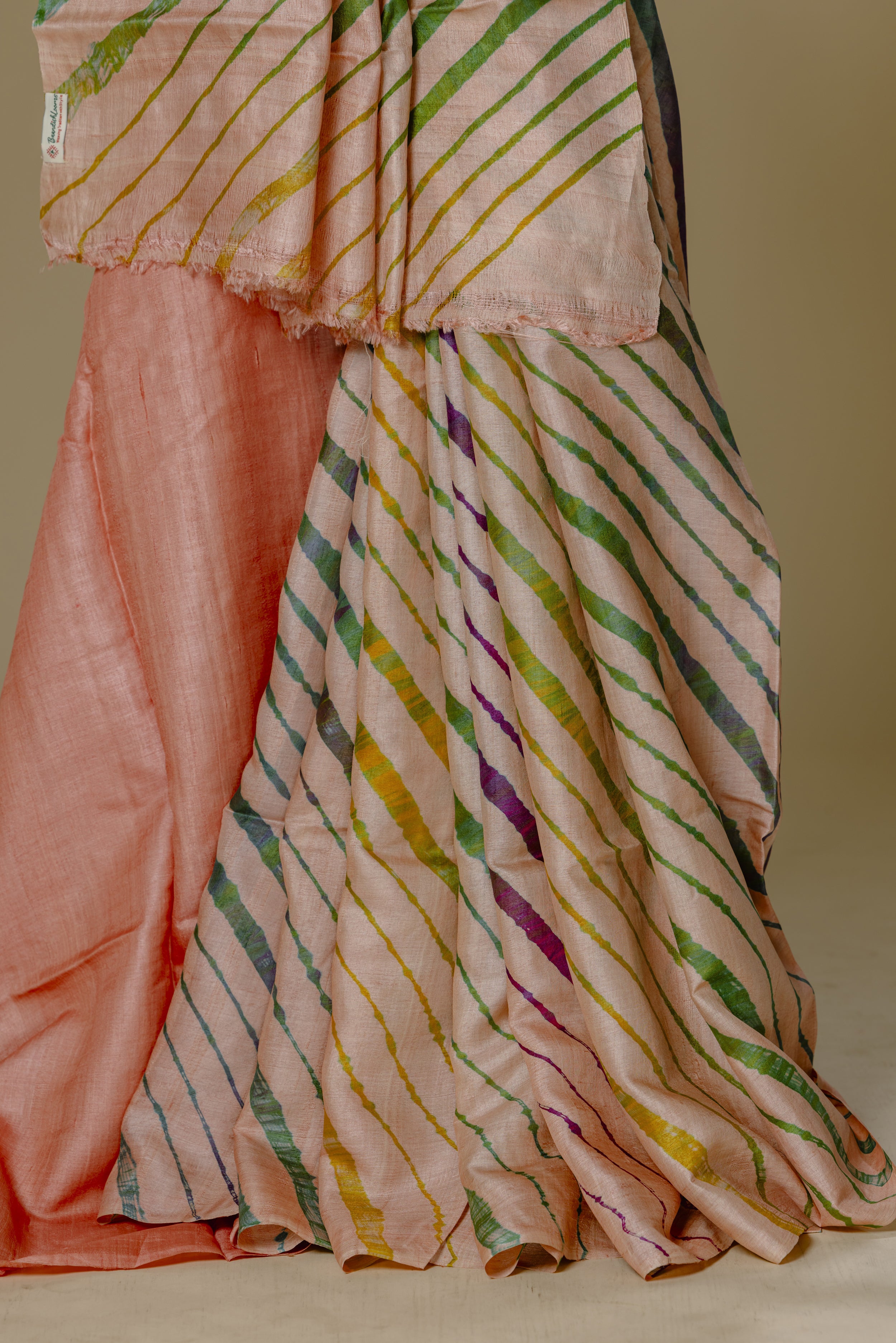 Light Peach Tusser Silk Leharia Saree