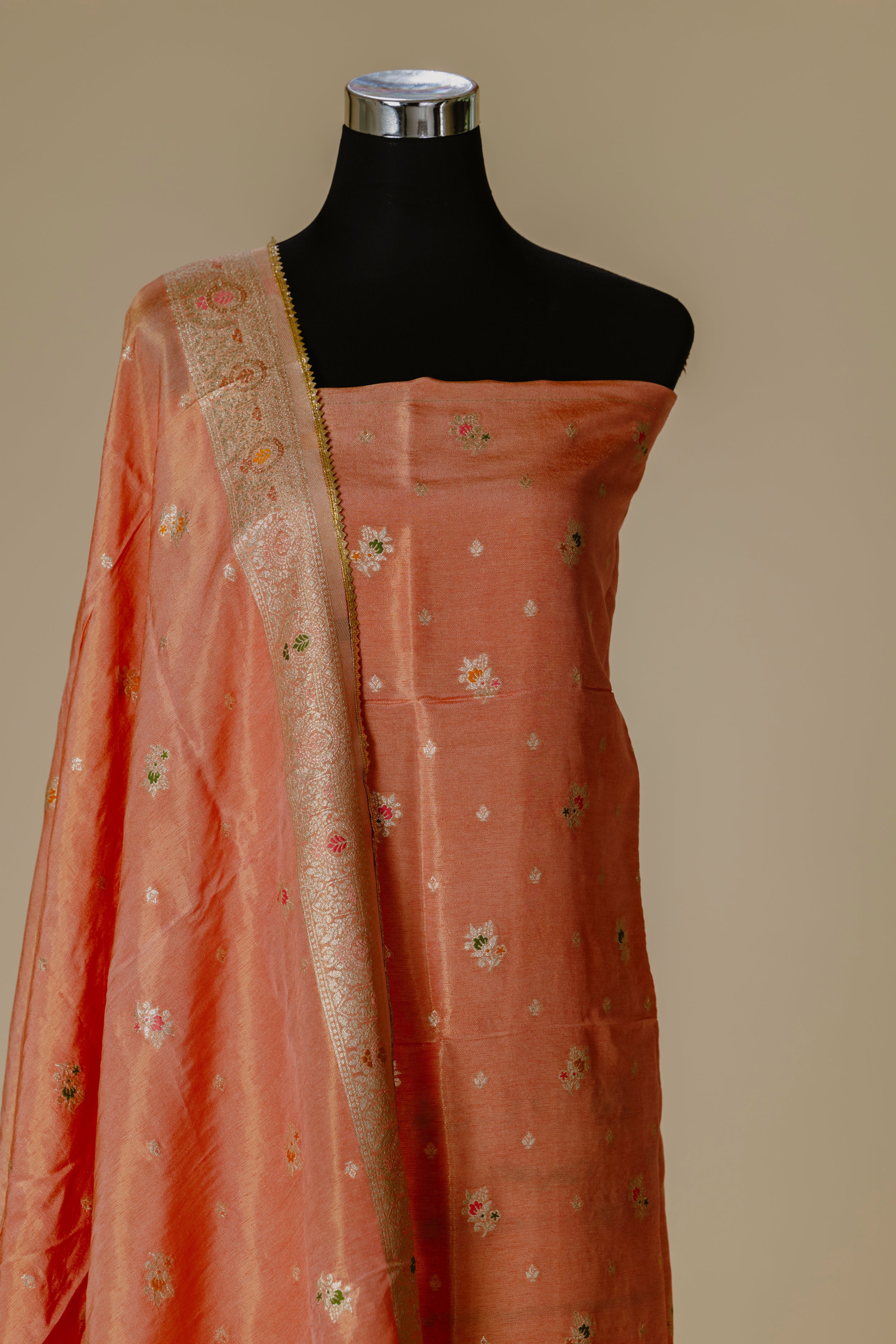 Peach Orange Tissue Banaras Suit Set
