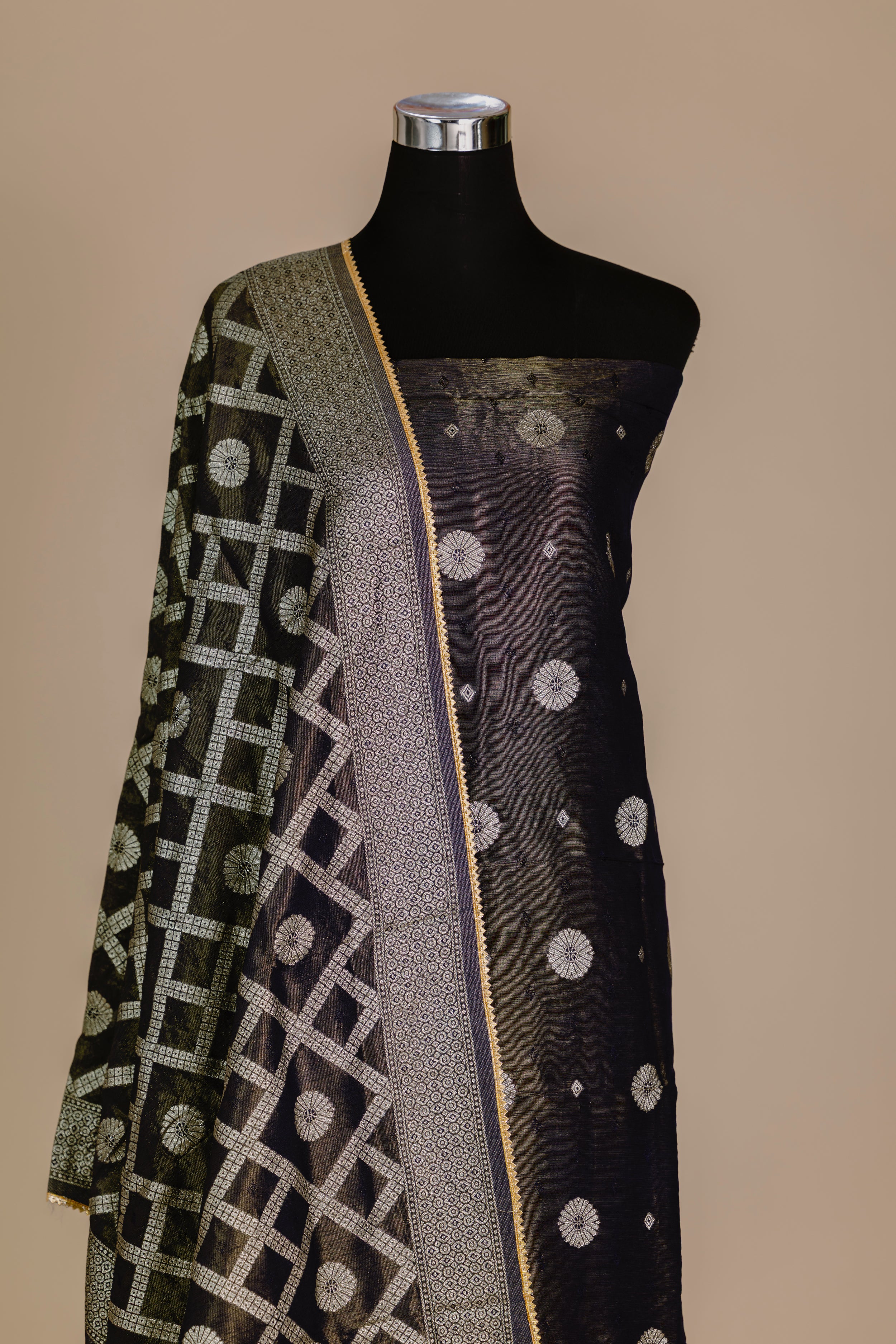 Slate Grey Banaras Suit Set with Dupatta