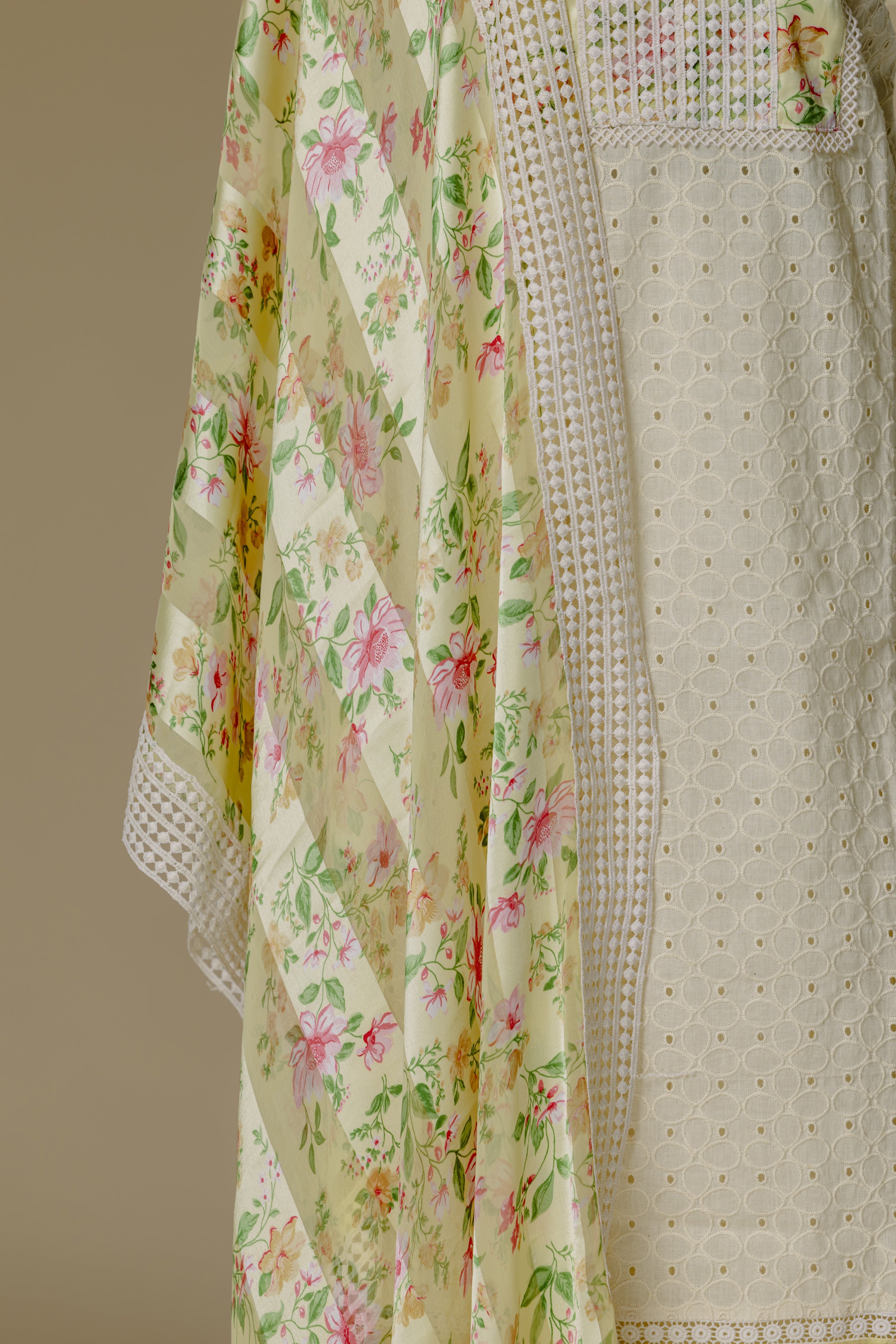 Beige Shifli Suit with Yellow Dupatta