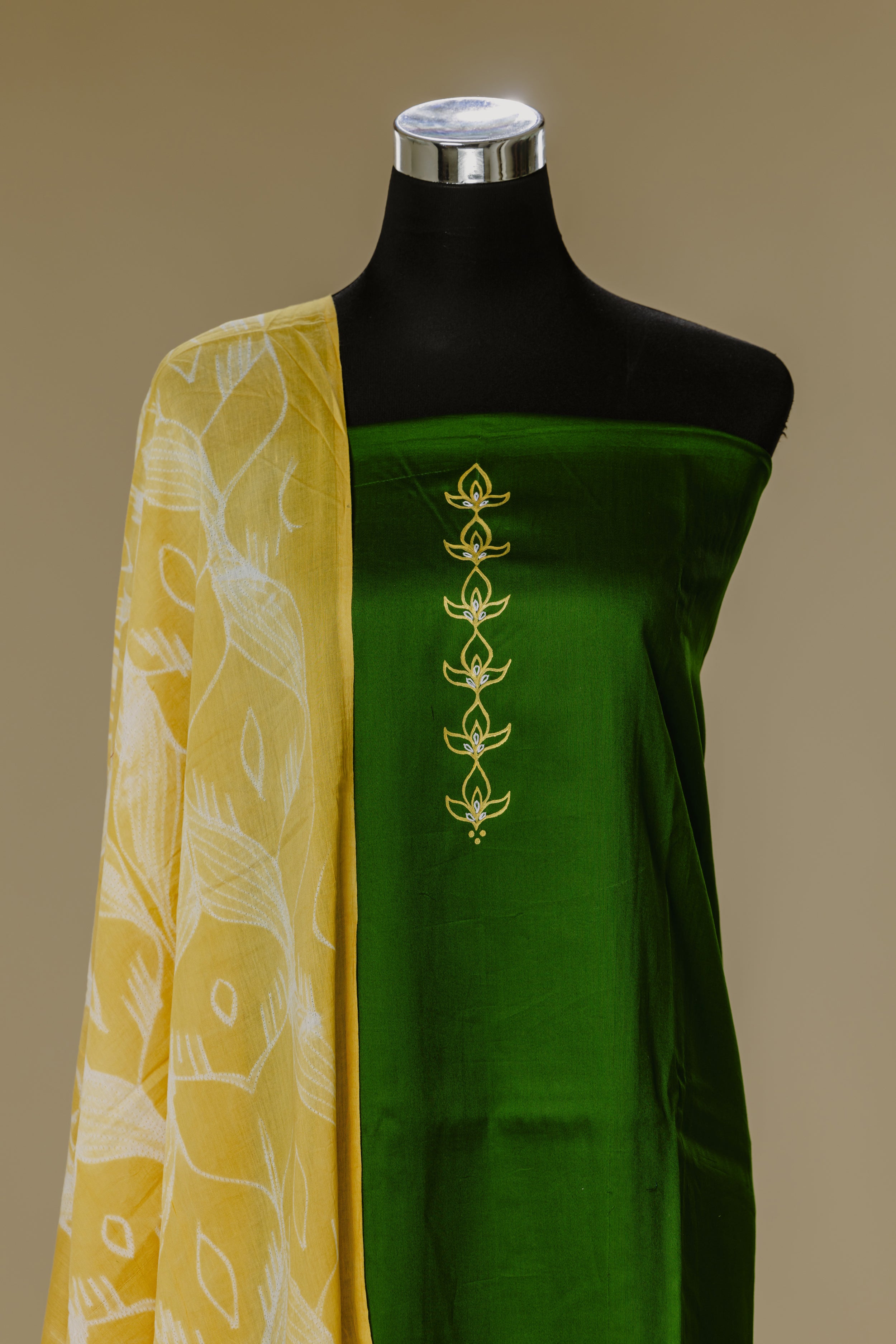 Military Green Hand-Painted Top with Yellow Shibori Dupatta
