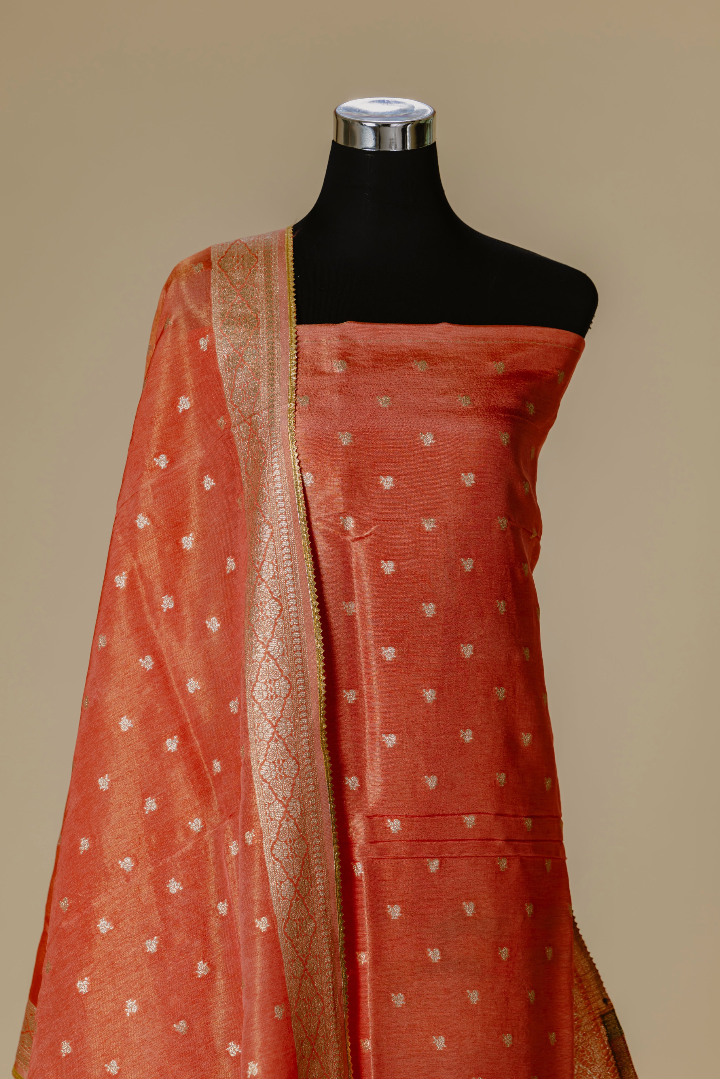 Peach Orange Tissue Banaras Suit with Dupatta & Bottom