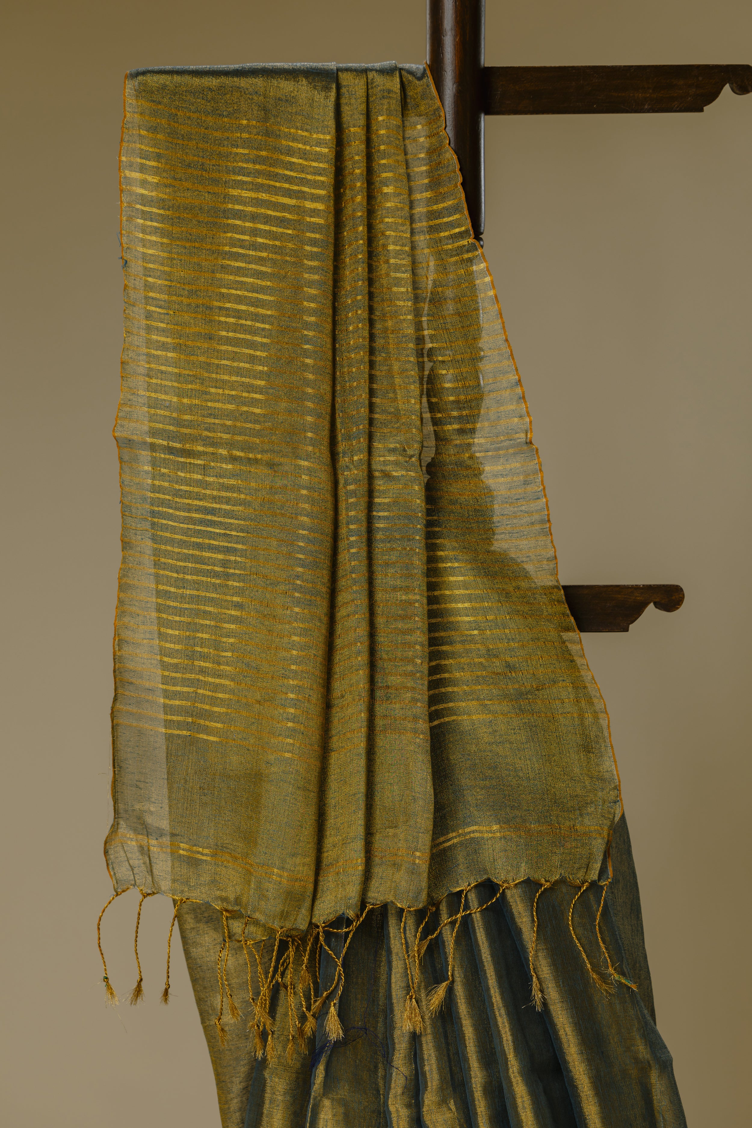 Slate Golden Tissue Linen Saree