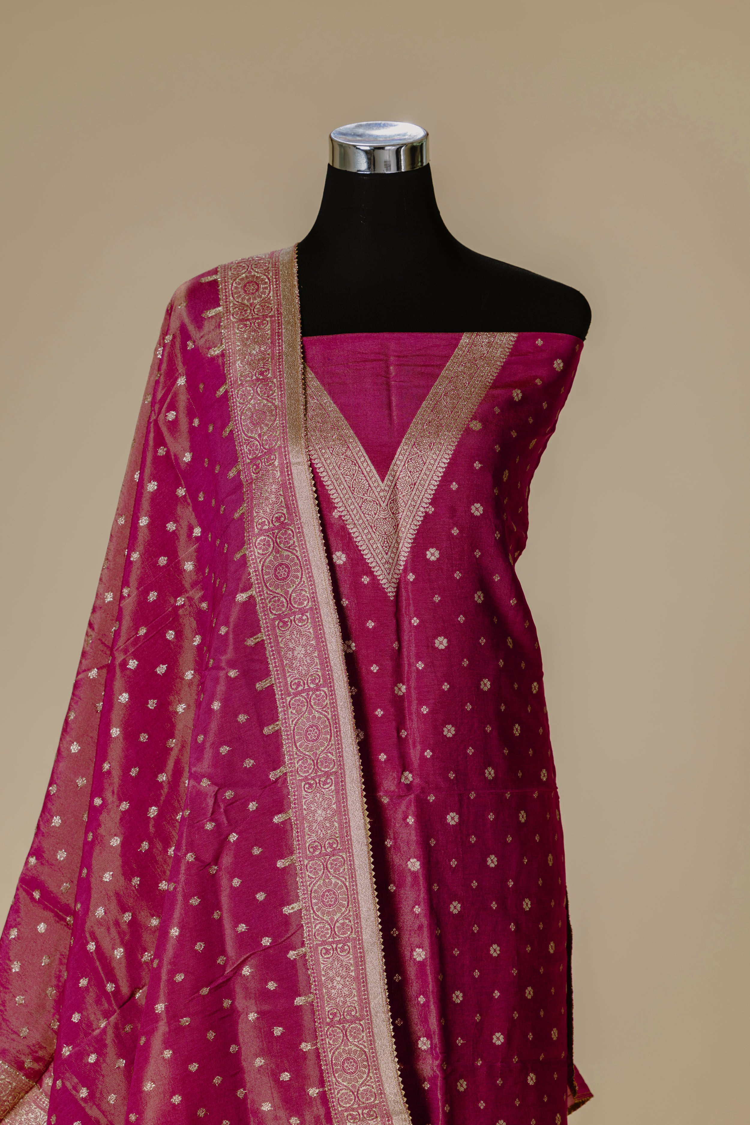 Pink Tissue Banaras Top & Dupatta Set