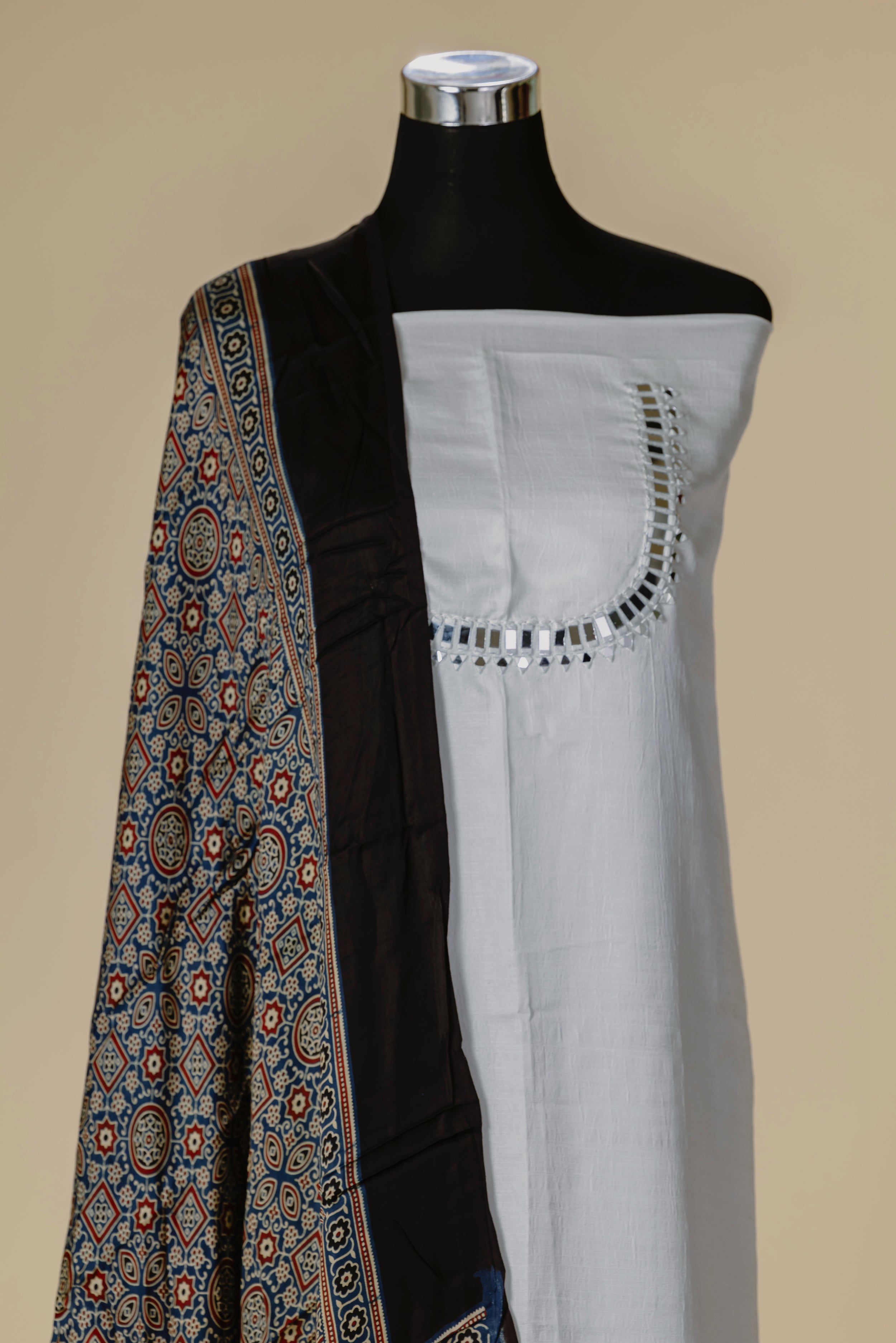White Raw Silk Top with Black Ajrakh Dupatta