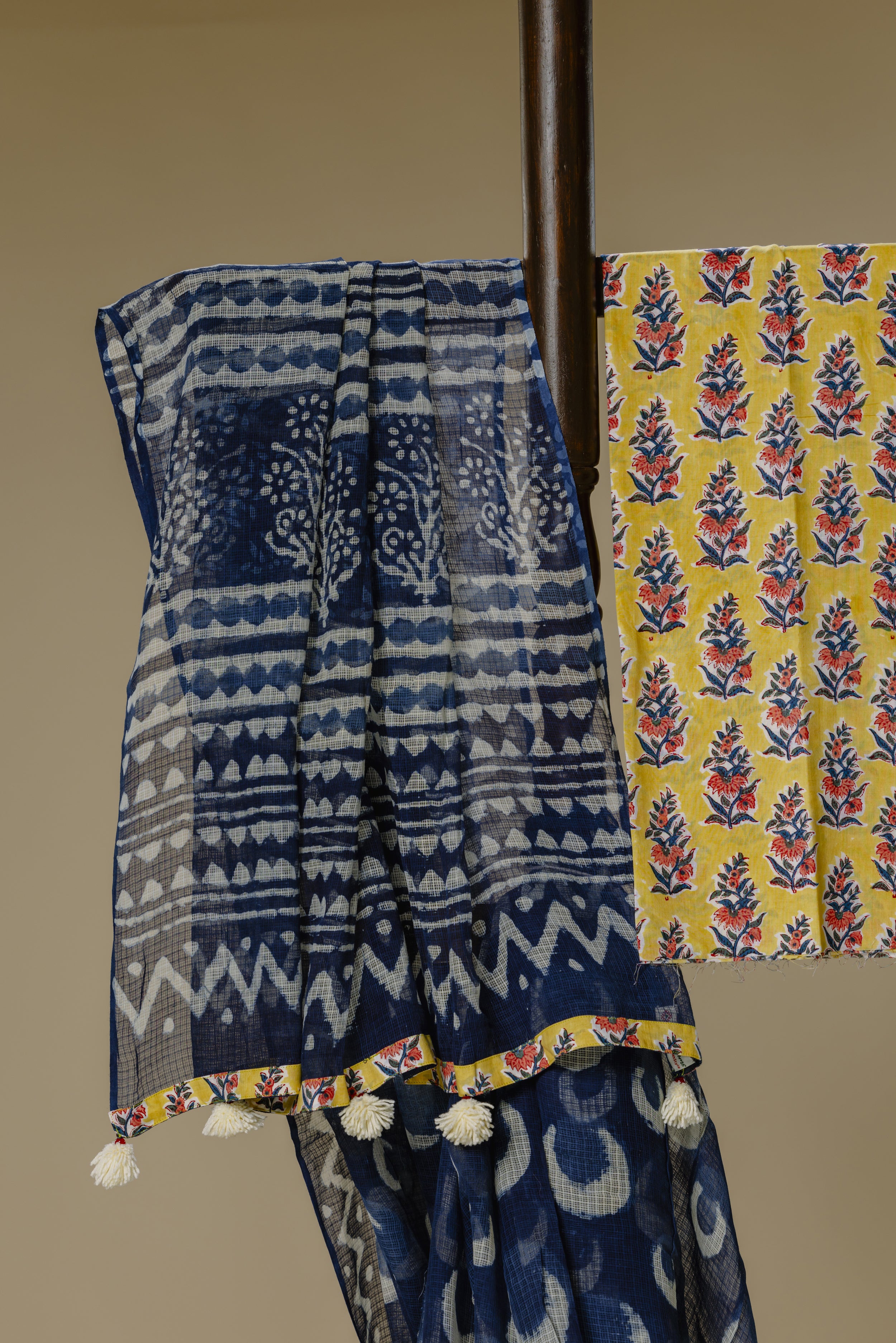 Indigo Kota Doria Saree with Light Yellow Blouse