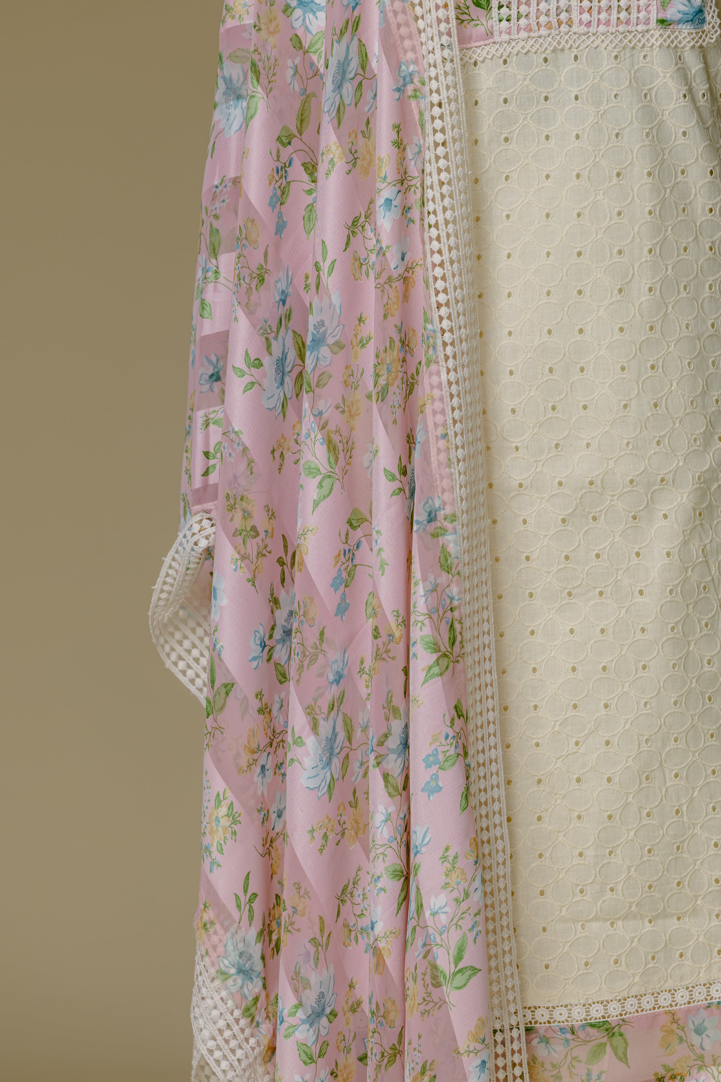 Beige Shifli Suit Set with Pink Dupatta