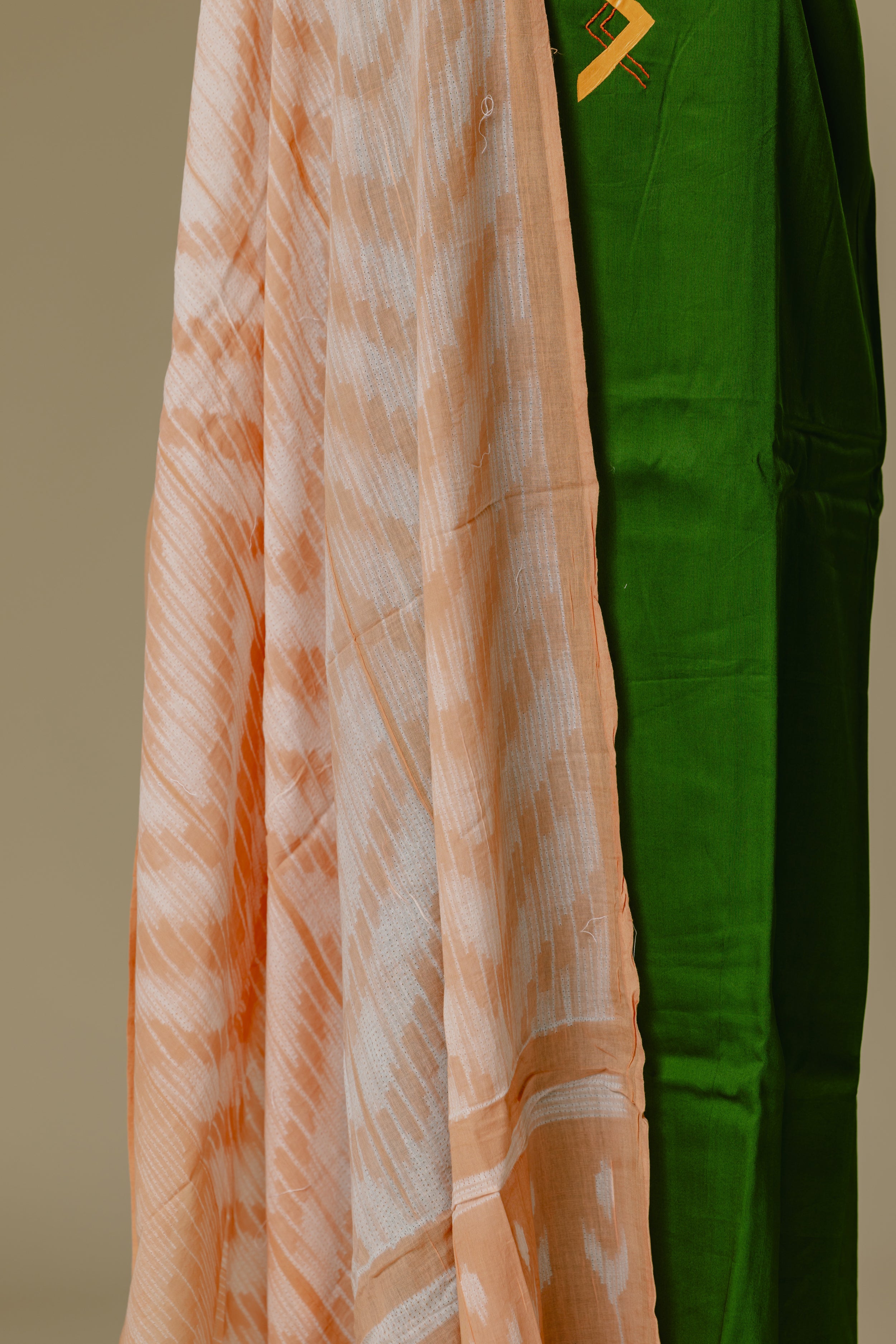 Green Hand-Painted Top with Peach Orange Shibori Dupatta